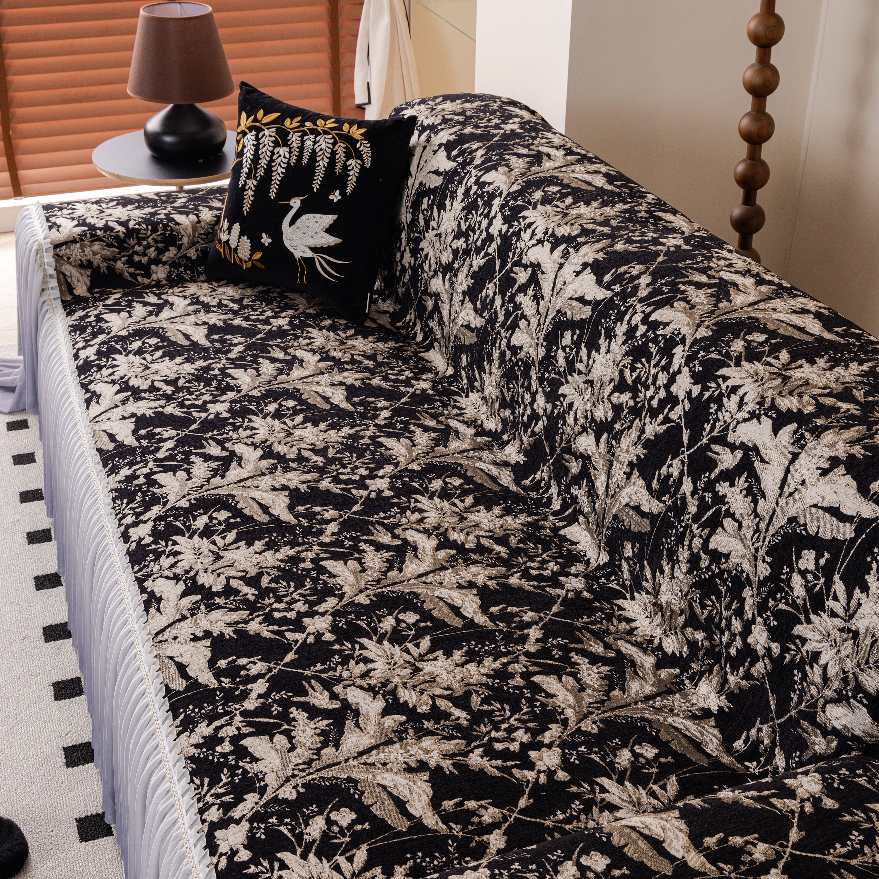 Elegant Botanical Sofa Cover with Pleated Tulle Skirt, Vintage Floral Couch Protector