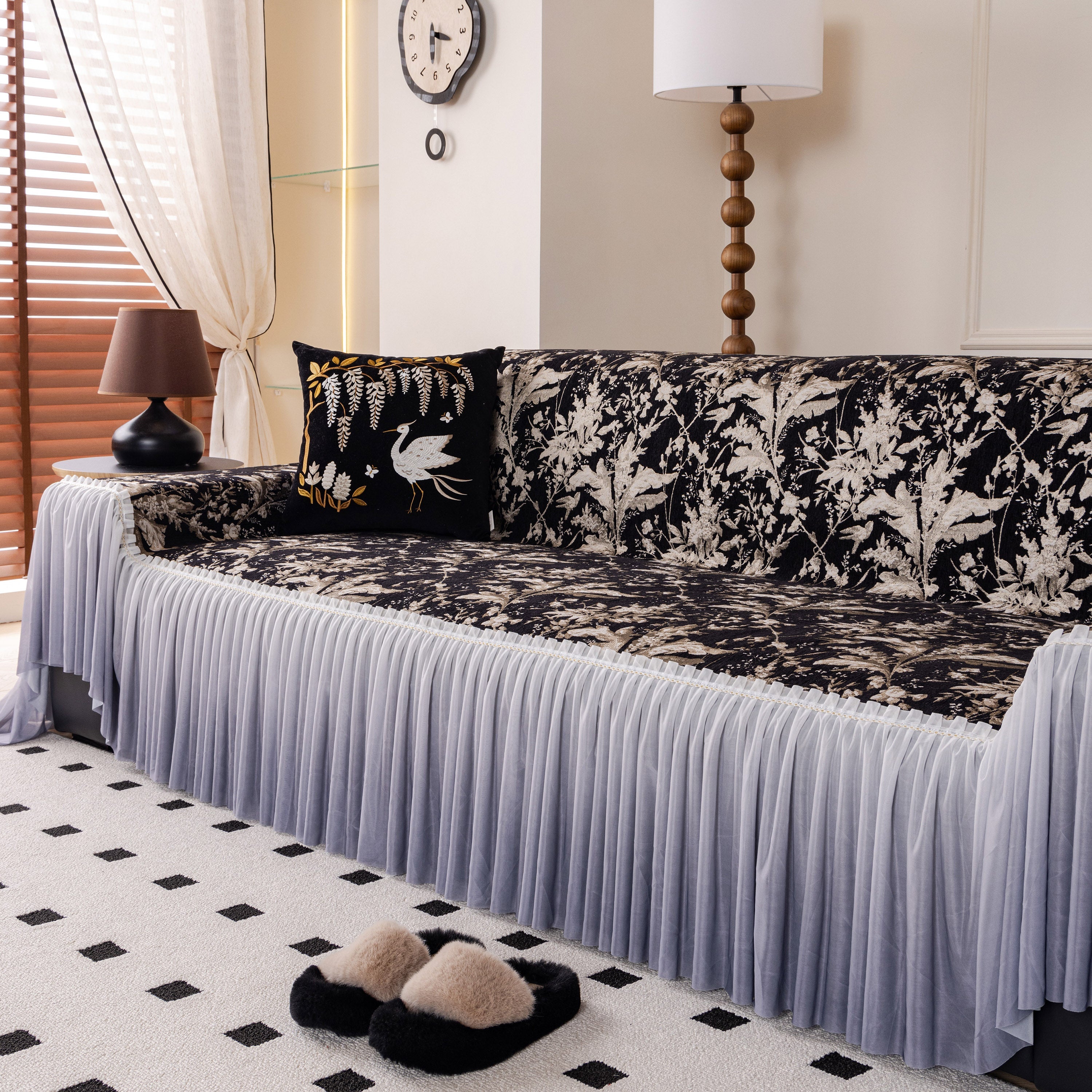 Elegant Botanical Sofa Cover with Pleated Tulle Skirt, Vintage Floral Couch Protector