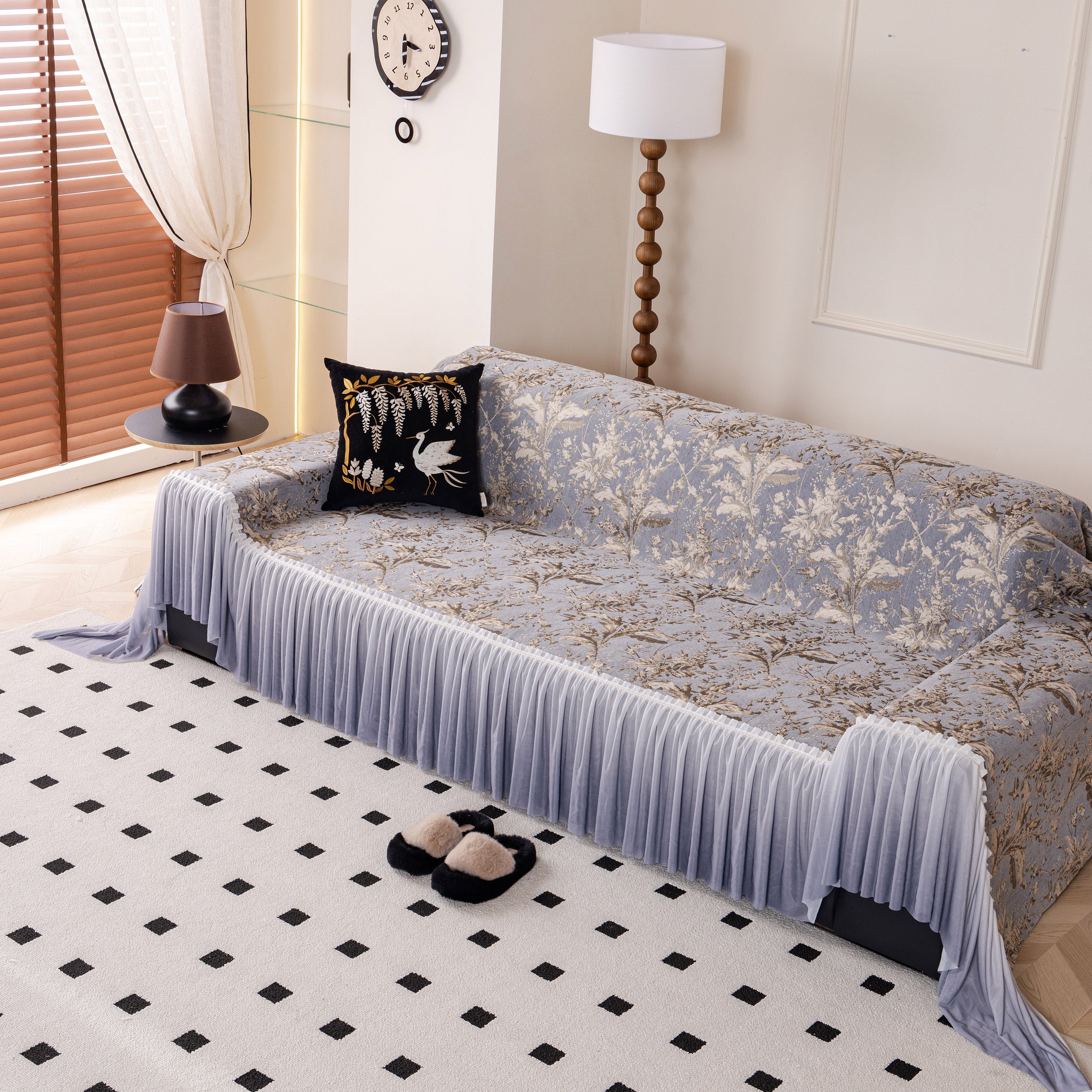 Elegant Botanical Sofa Cover with Pleated Tulle Skirt, Vintage Floral Couch Protector