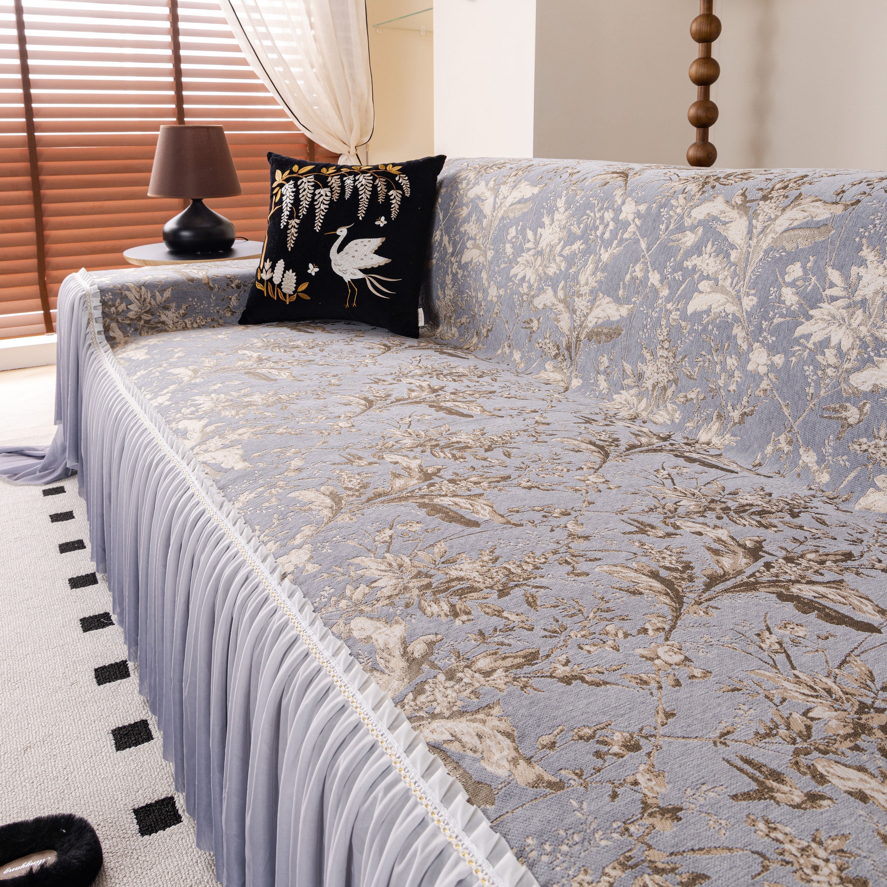 Elegant Botanical Sofa Cover with Pleated Tulle Skirt, Vintage Floral Couch Protector