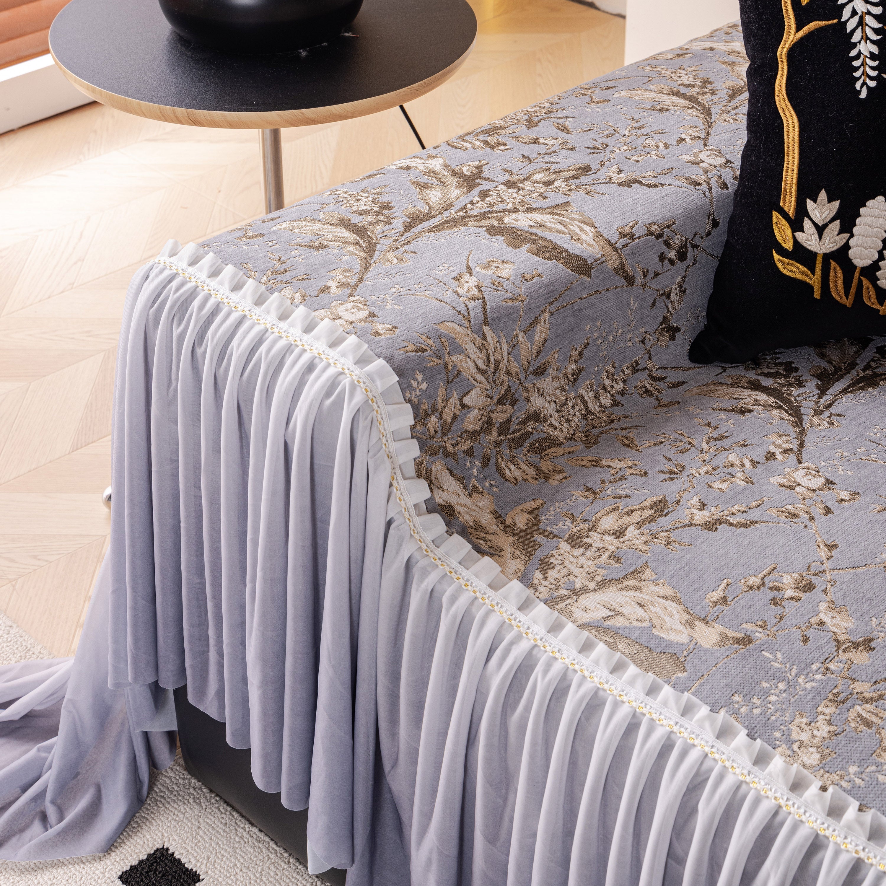 Elegant Botanical Sofa Cover with Pleated Tulle Skirt, Vintage Floral Couch Protector