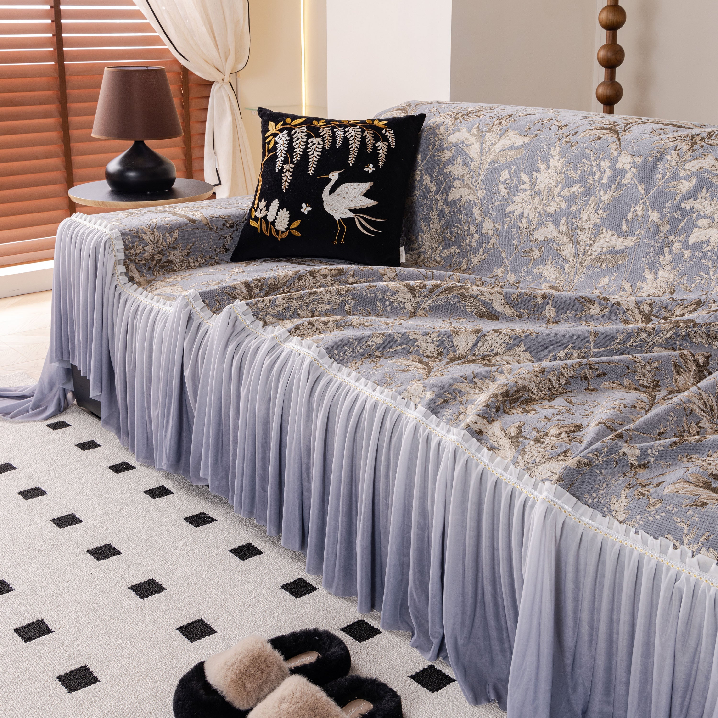 Elegant Botanical Sofa Cover with Pleated Tulle Skirt, Vintage Floral Couch Protector