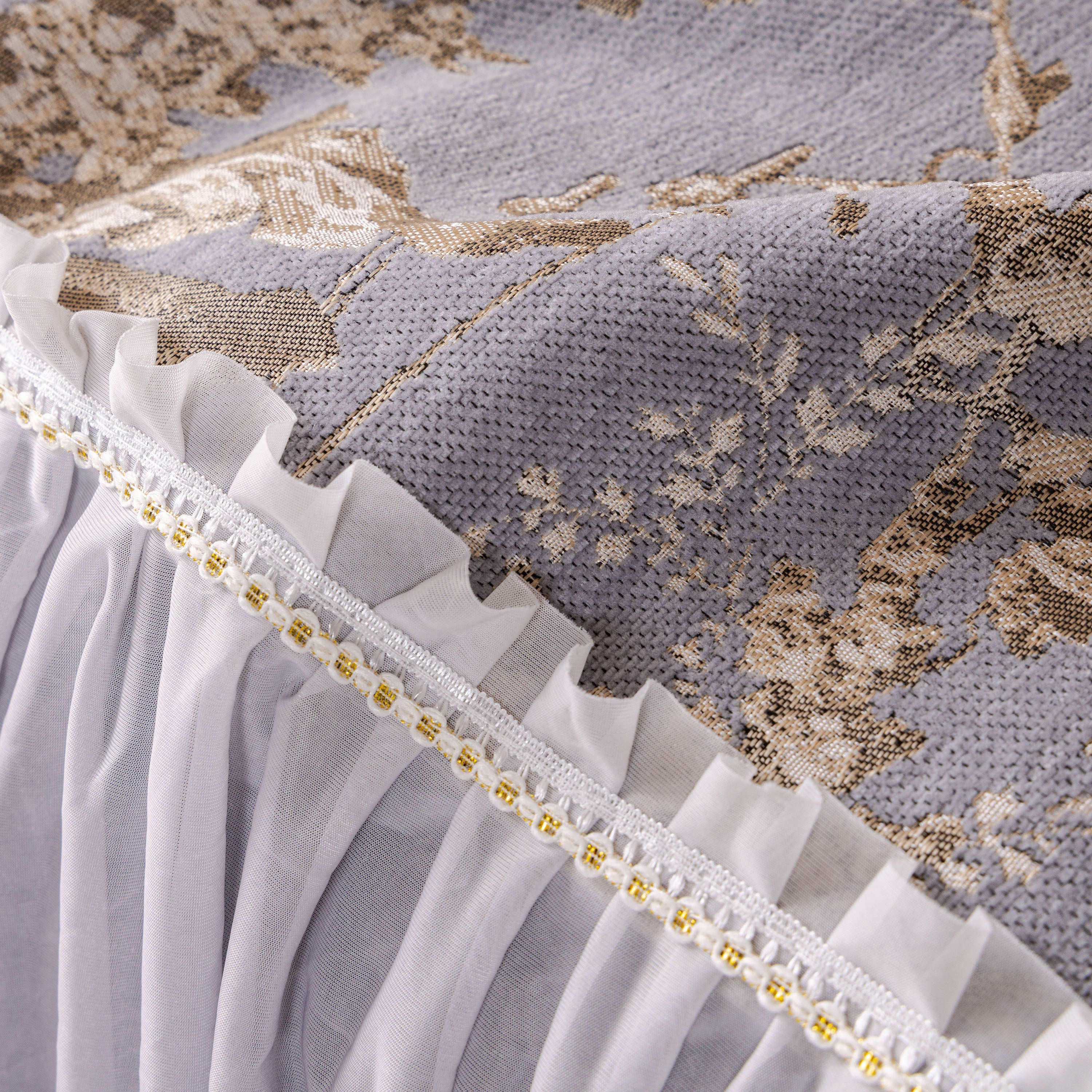Elegant Botanical Sofa Cover with Pleated Tulle Skirt, Vintage Floral Couch Protector