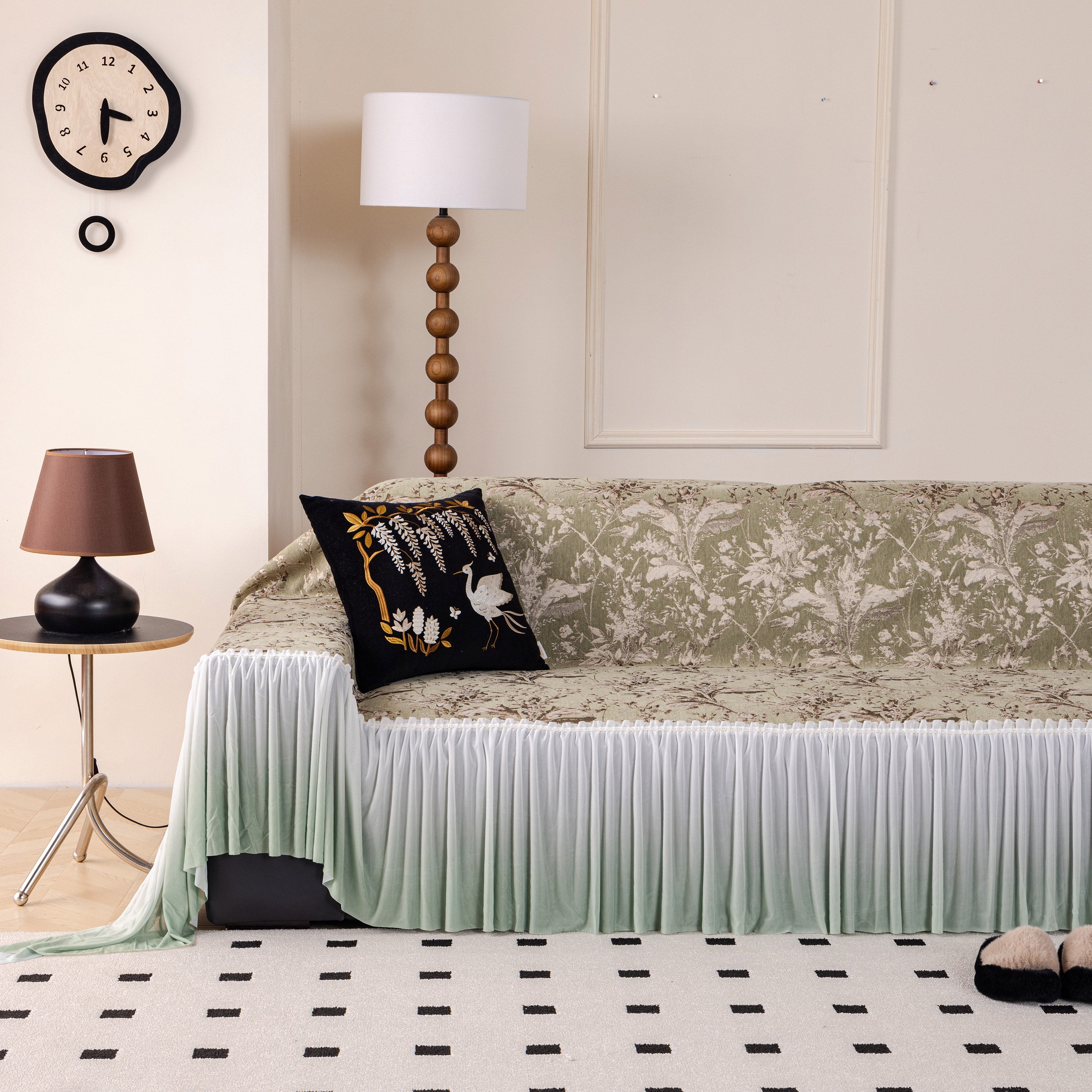 Elegant Botanical Sofa Cover with Pleated Tulle Skirt, Vintage Floral Couch Protector