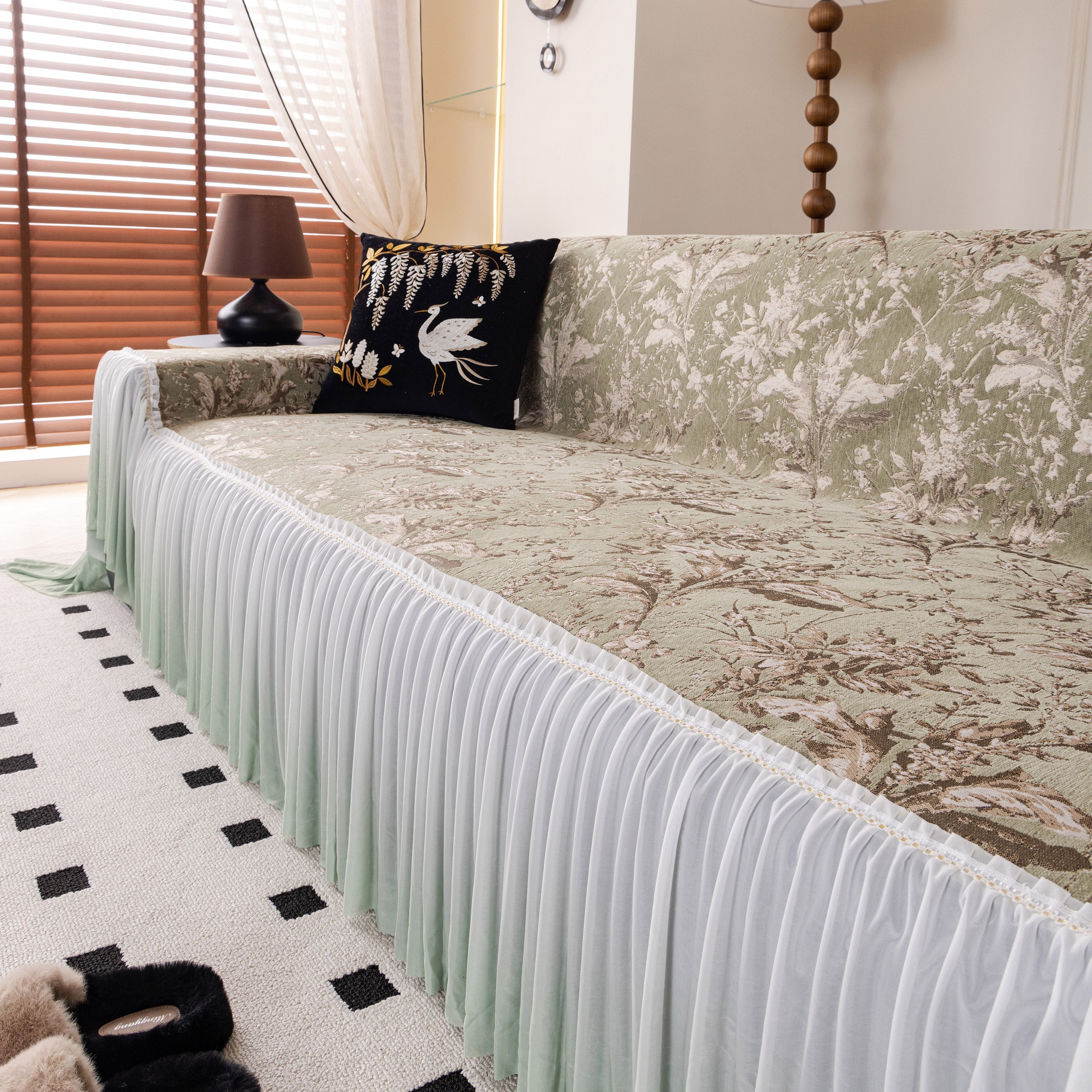 Elegant Botanical Sofa Cover with Pleated Tulle Skirt, Vintage Floral Couch Protector