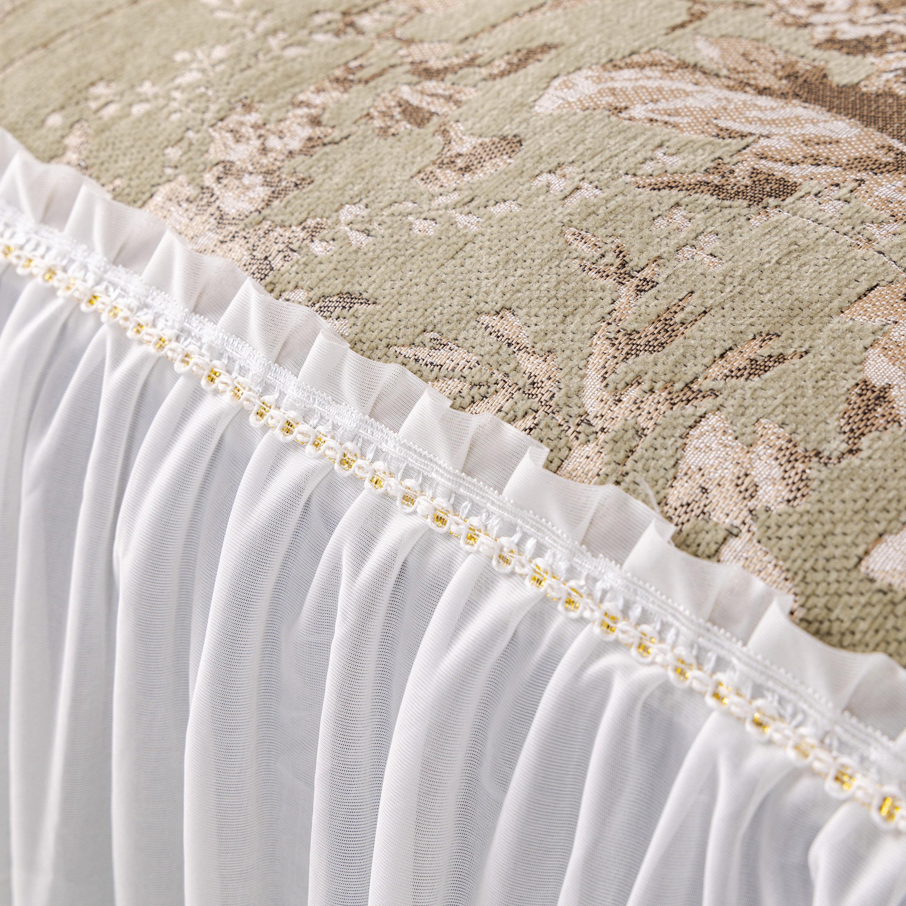 Elegant Botanical Sofa Cover with Pleated Tulle Skirt, Vintage Floral Couch Protector