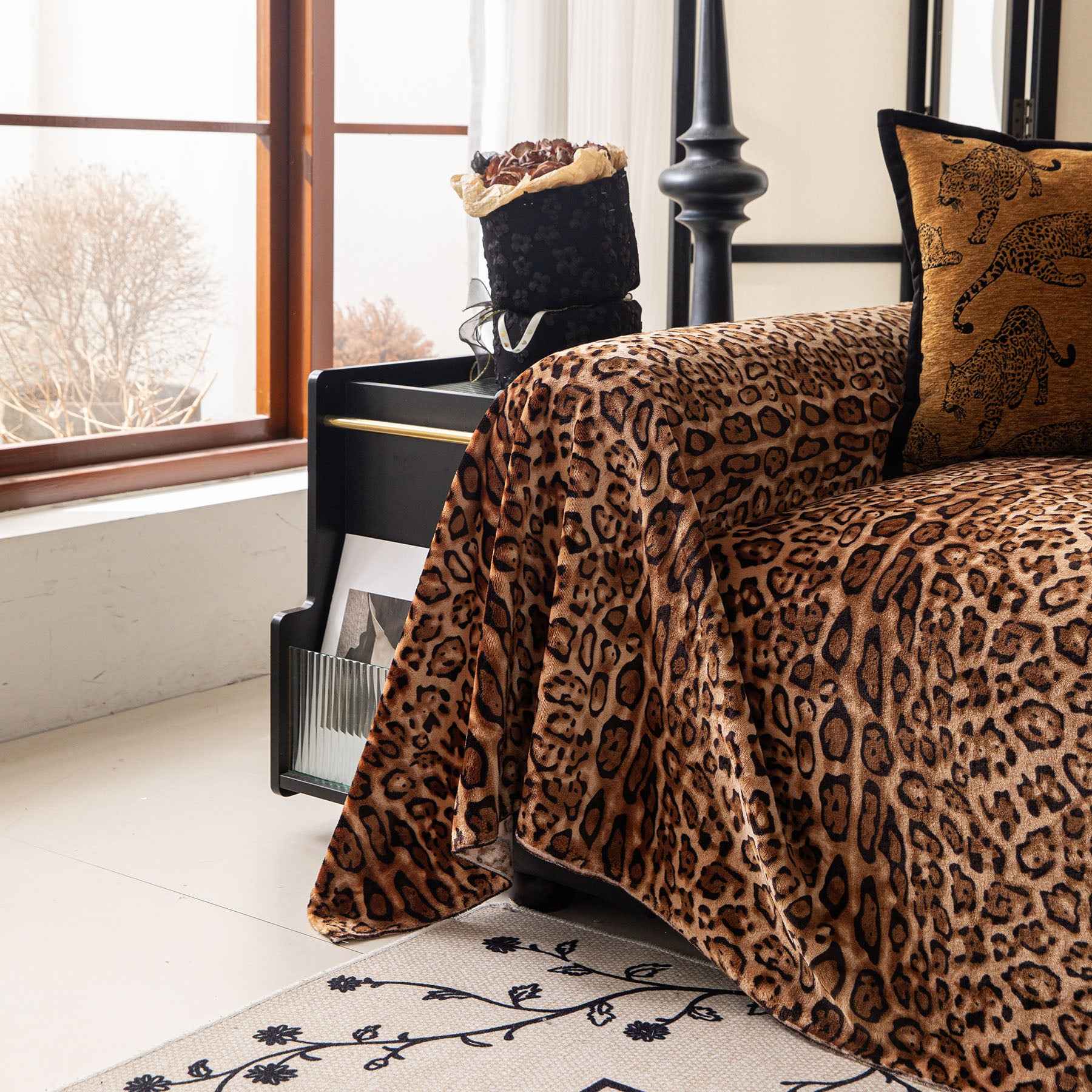 Leopard Print Flannel Sofa Throw Cover, Soft Couch Protector for Pets, Kids & Home