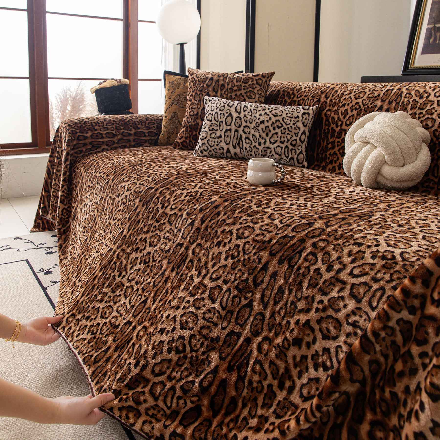 Leopard Print Flannel Sofa Throw Cover, Soft Couch Protector for Pets, Kids & Home