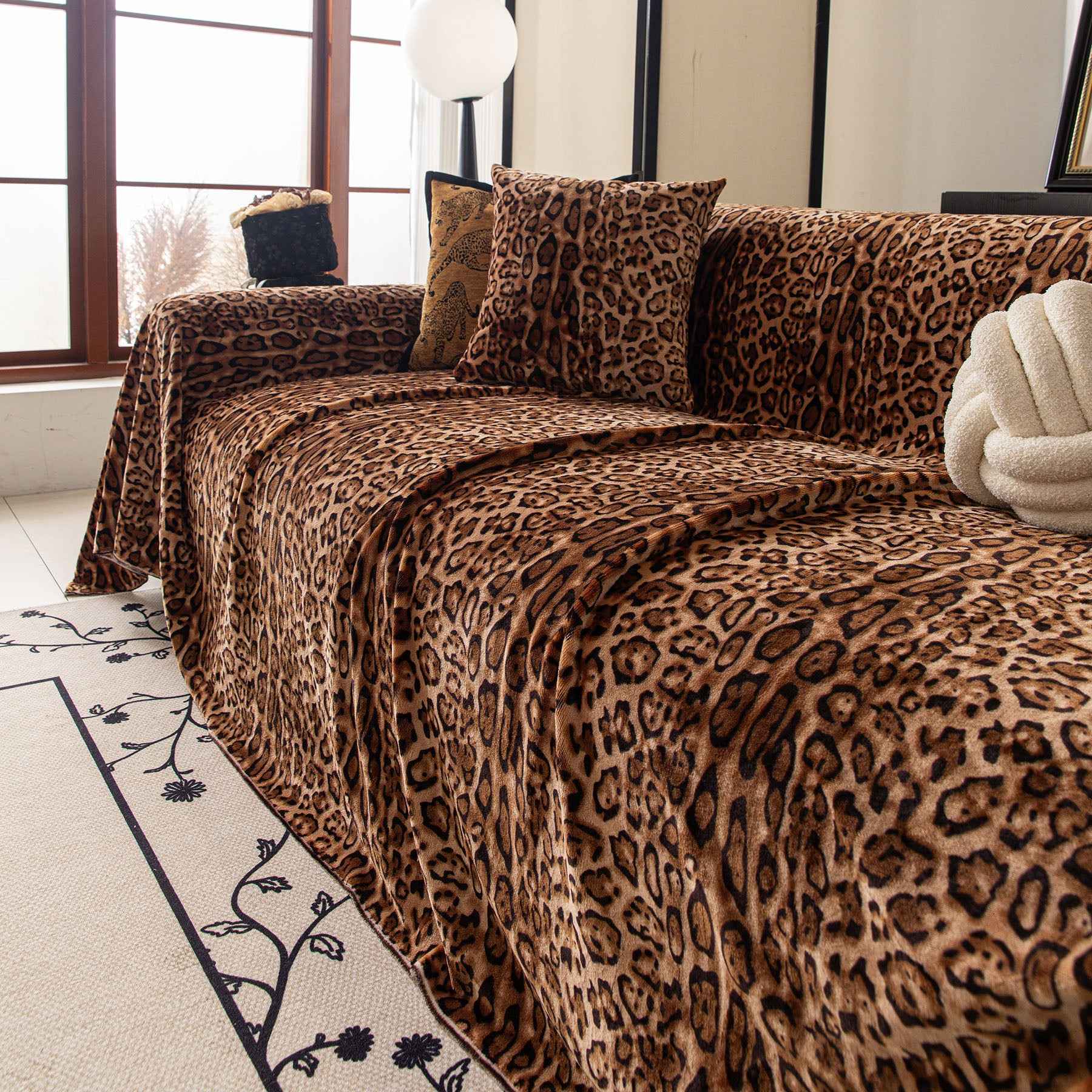 Leopard Print Flannel Sofa Throw Cover, Soft Couch Protector for Pets, Kids & Home