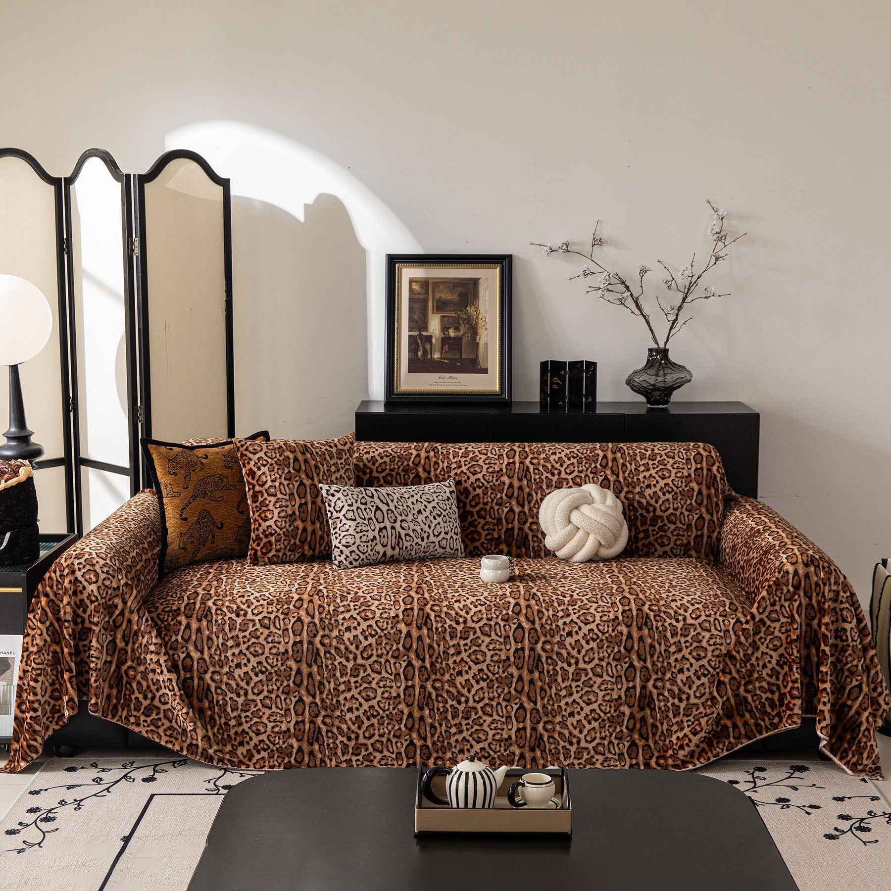 Leopard Print Flannel Sofa Throw Cover, Soft Couch Protector for Pets, Kids & Home
