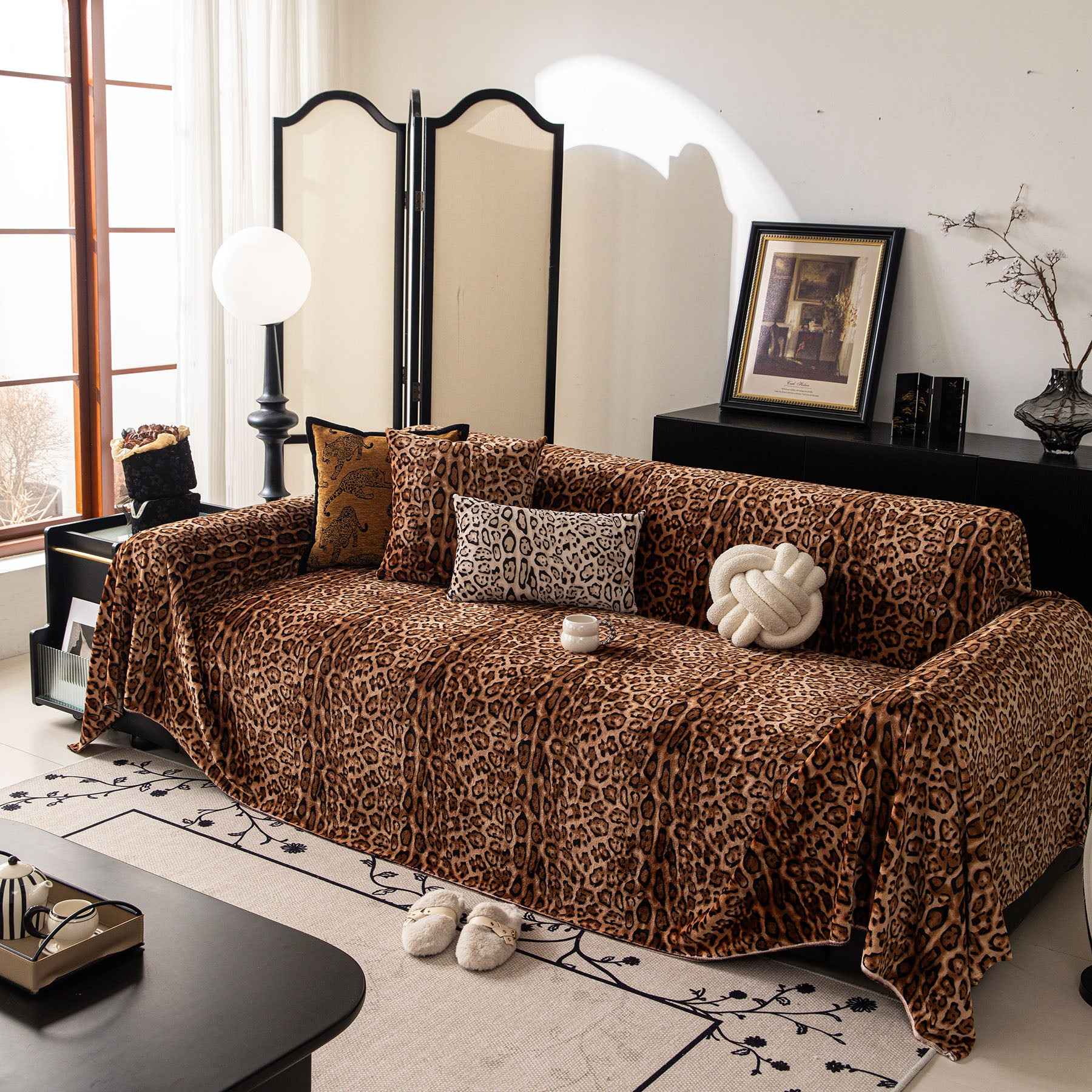 Leopard Print Flannel Sofa Throw Cover, Soft Couch Protector for Pets, Kids & Home