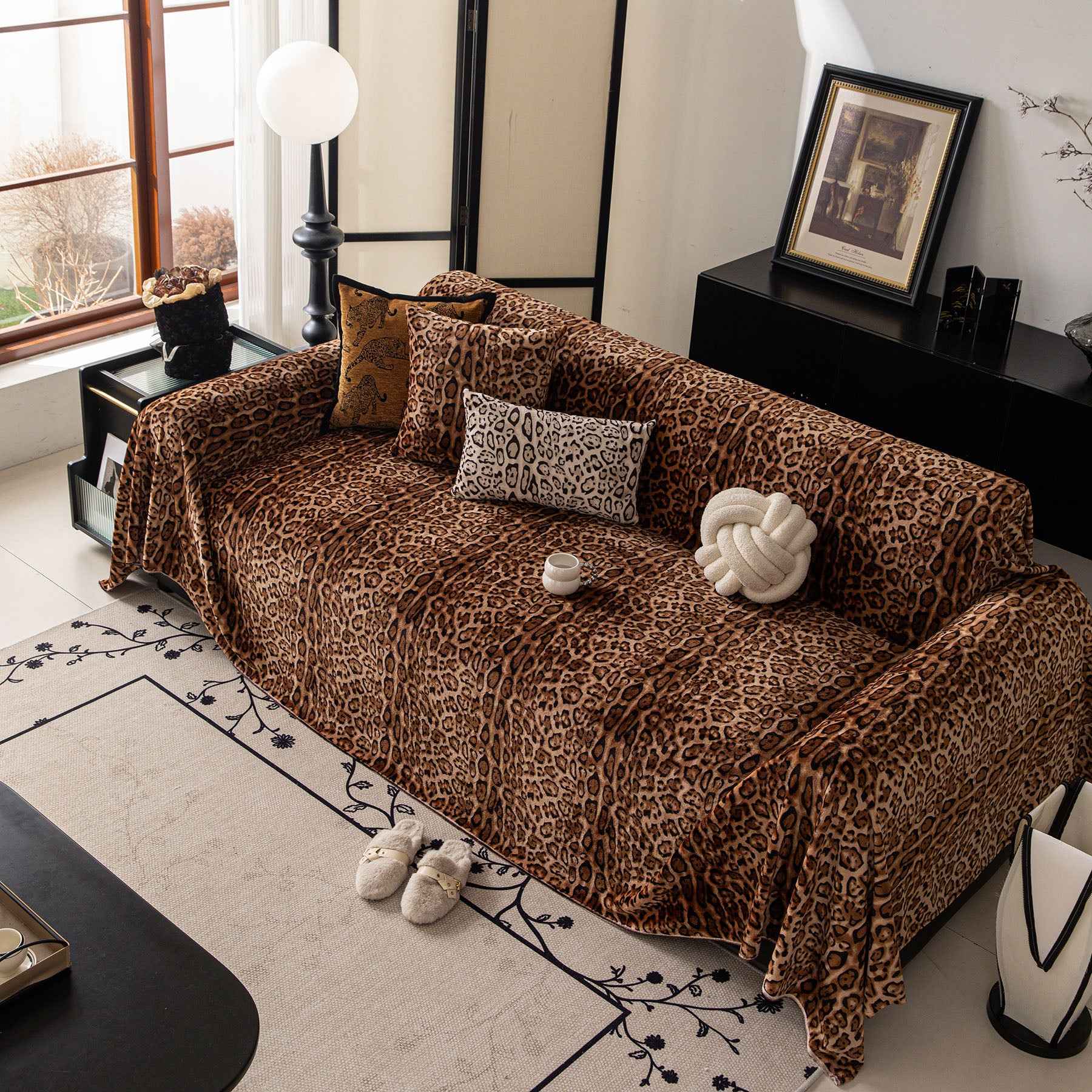 Leopard Print Flannel Sofa Throw Cover, Soft Couch Protector for Pets, Kids & Home