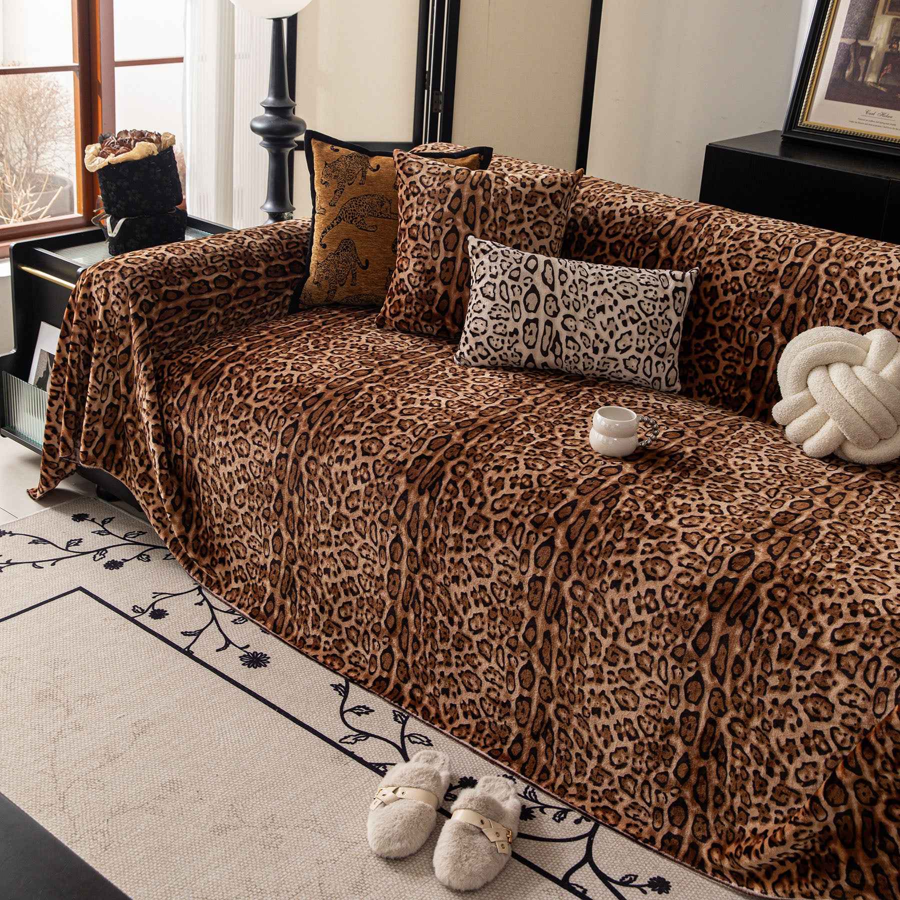 Leopard Print Flannel Sofa Throw Cover, Soft Couch Protector for Pets, Kids & Home