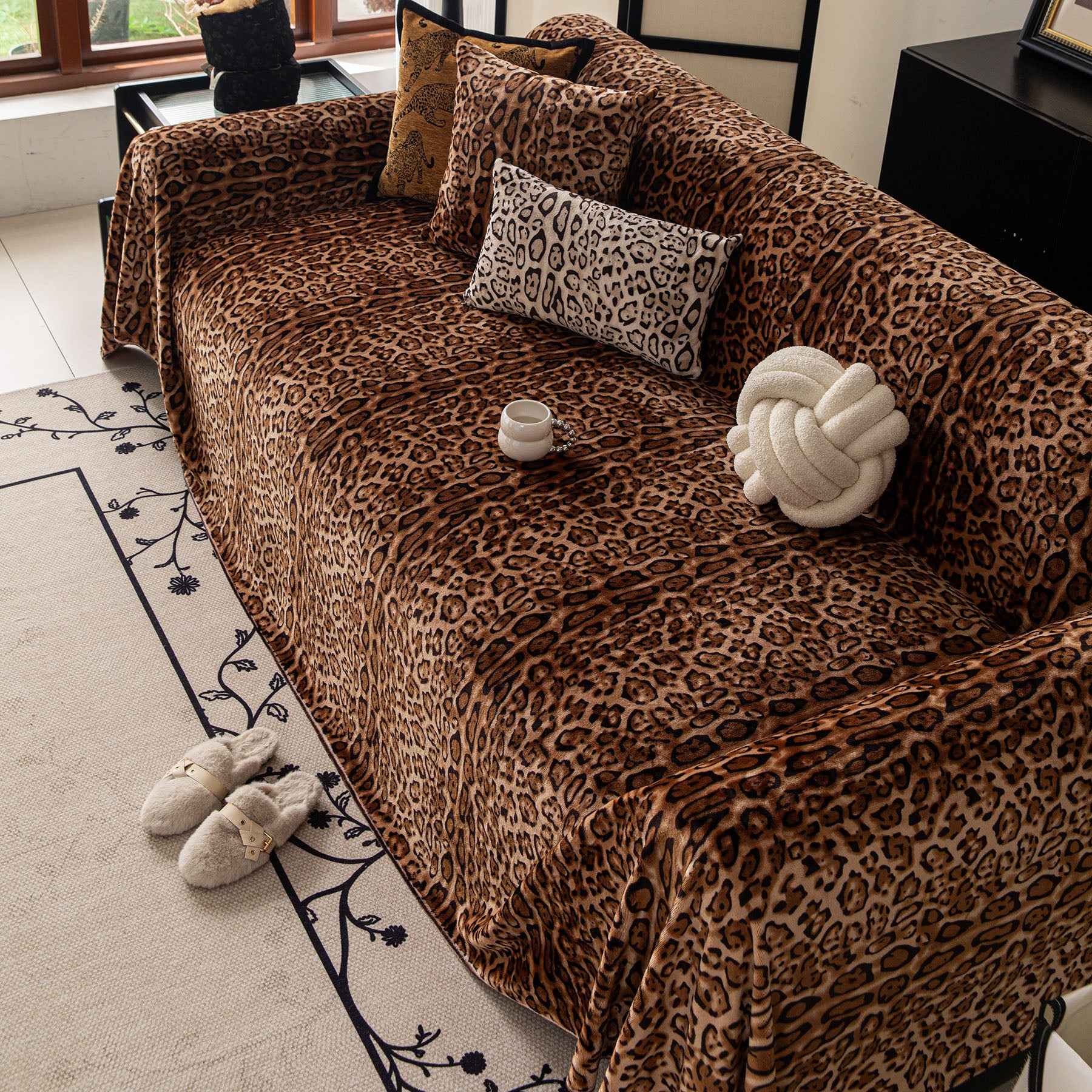 Leopard Print Flannel Sofa Throw Cover, Soft Couch Protector for Pets, Kids & Home