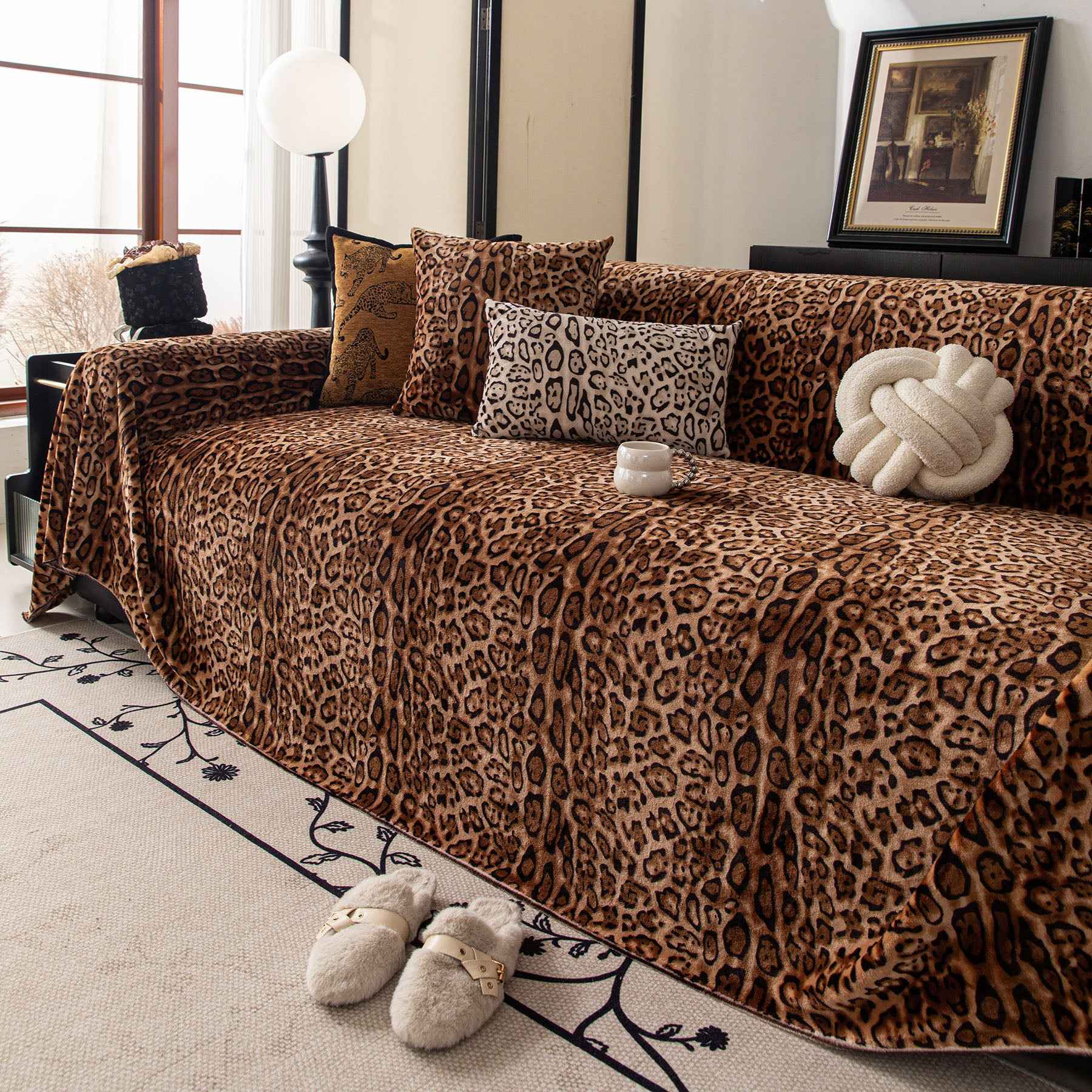 Leopard Print Flannel Sofa Throw Cover, Soft Couch Protector for Pets, Kids & Home
