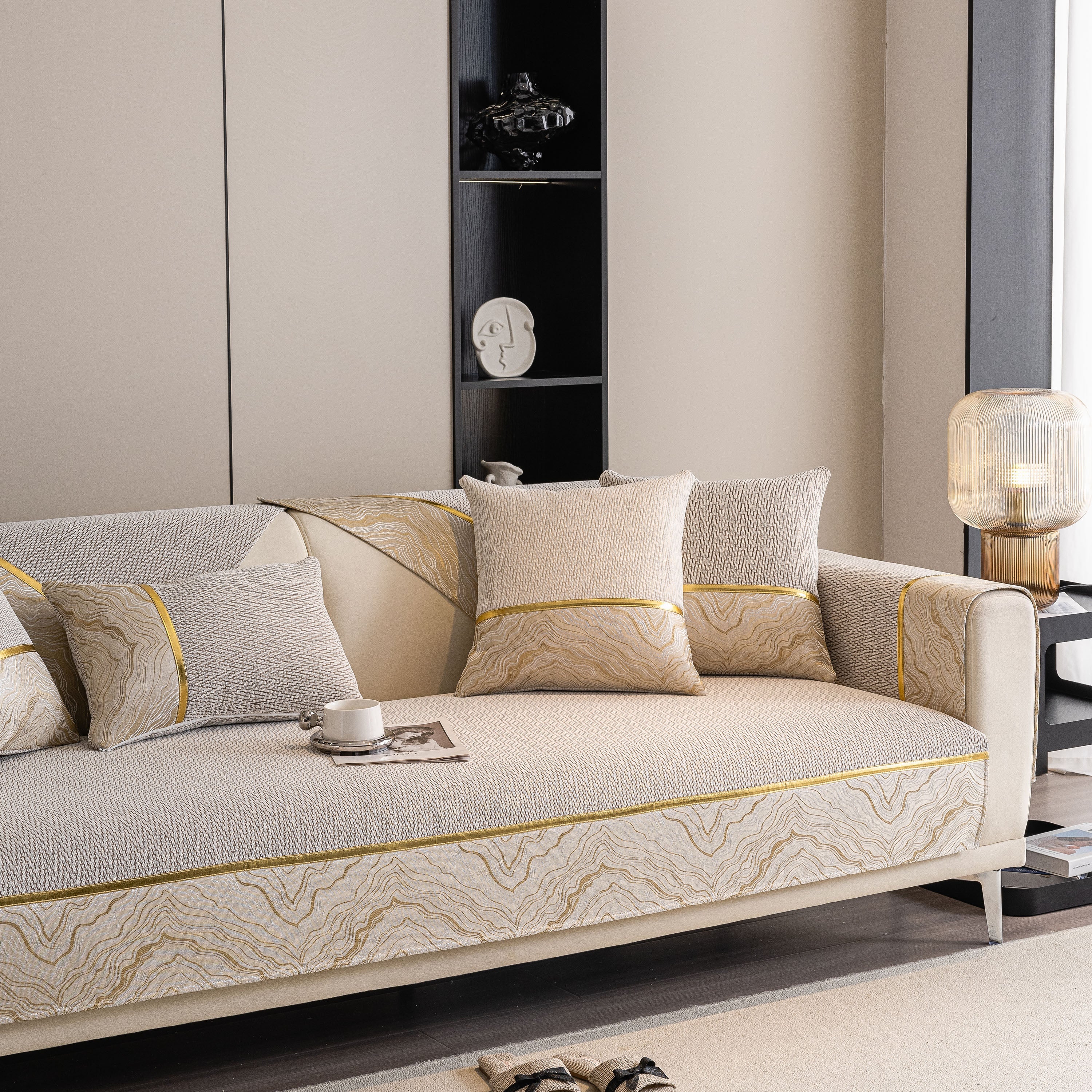 Non-Slip Couch Cover with Gold Trim, Sofa Slipcover for Sectional & Loveseat