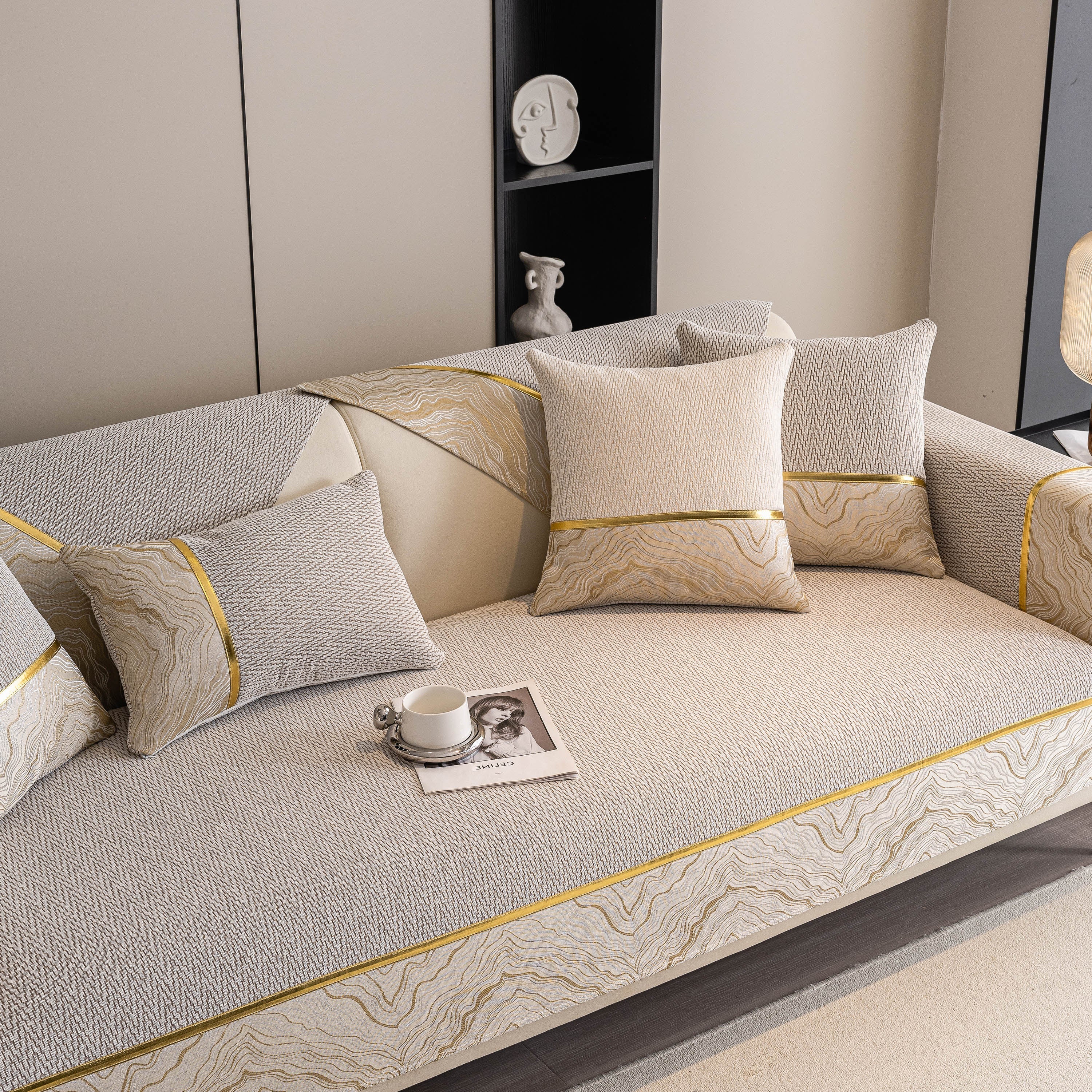 Non-Slip Couch Cover with Gold Trim, Sofa Slipcover for Sectional & Loveseat