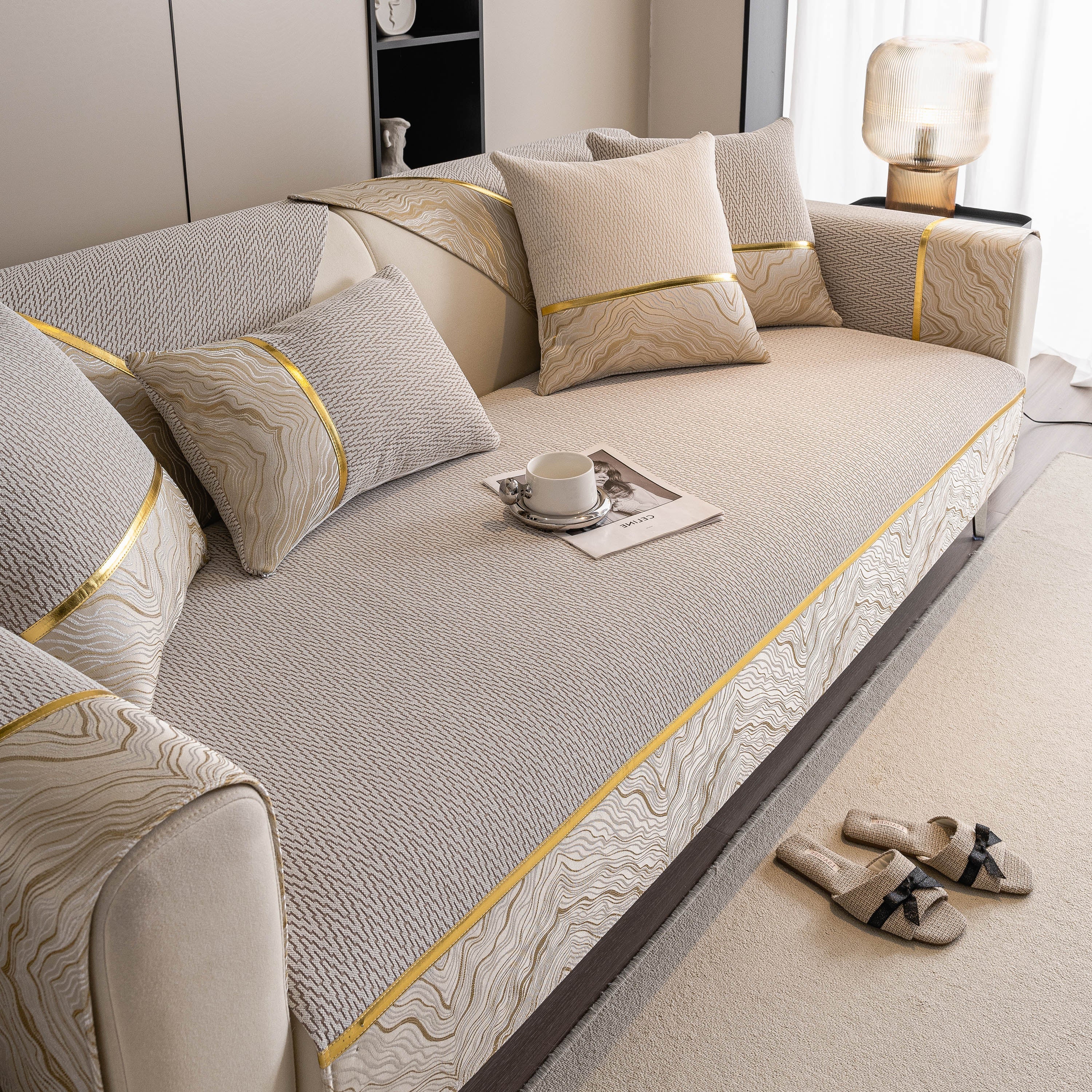 Non-Slip Couch Cover with Gold Trim, Sofa Slipcover for Sectional & Loveseat