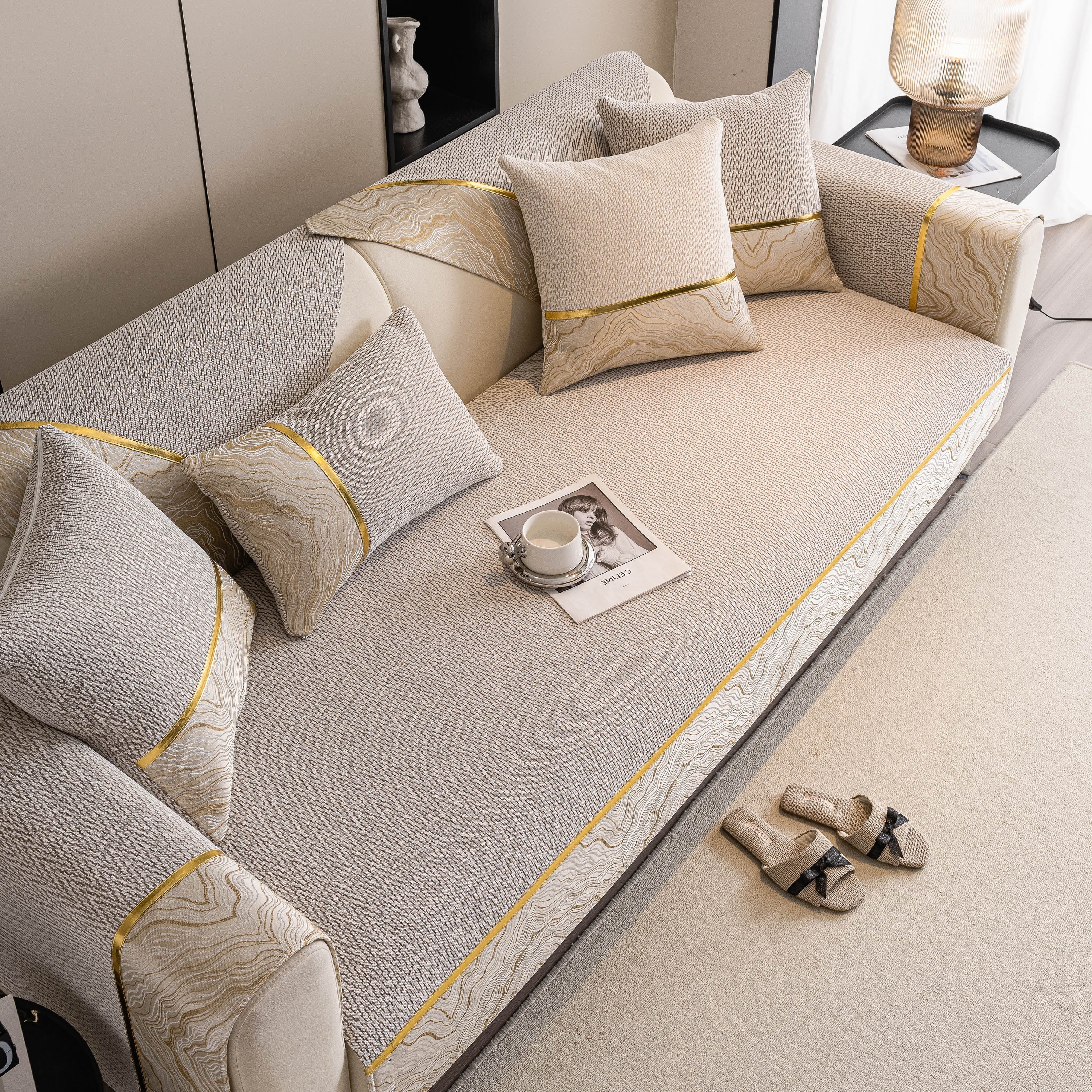 Non-Slip Couch Cover with Gold Trim, Sofa Slipcover for Sectional & Loveseat