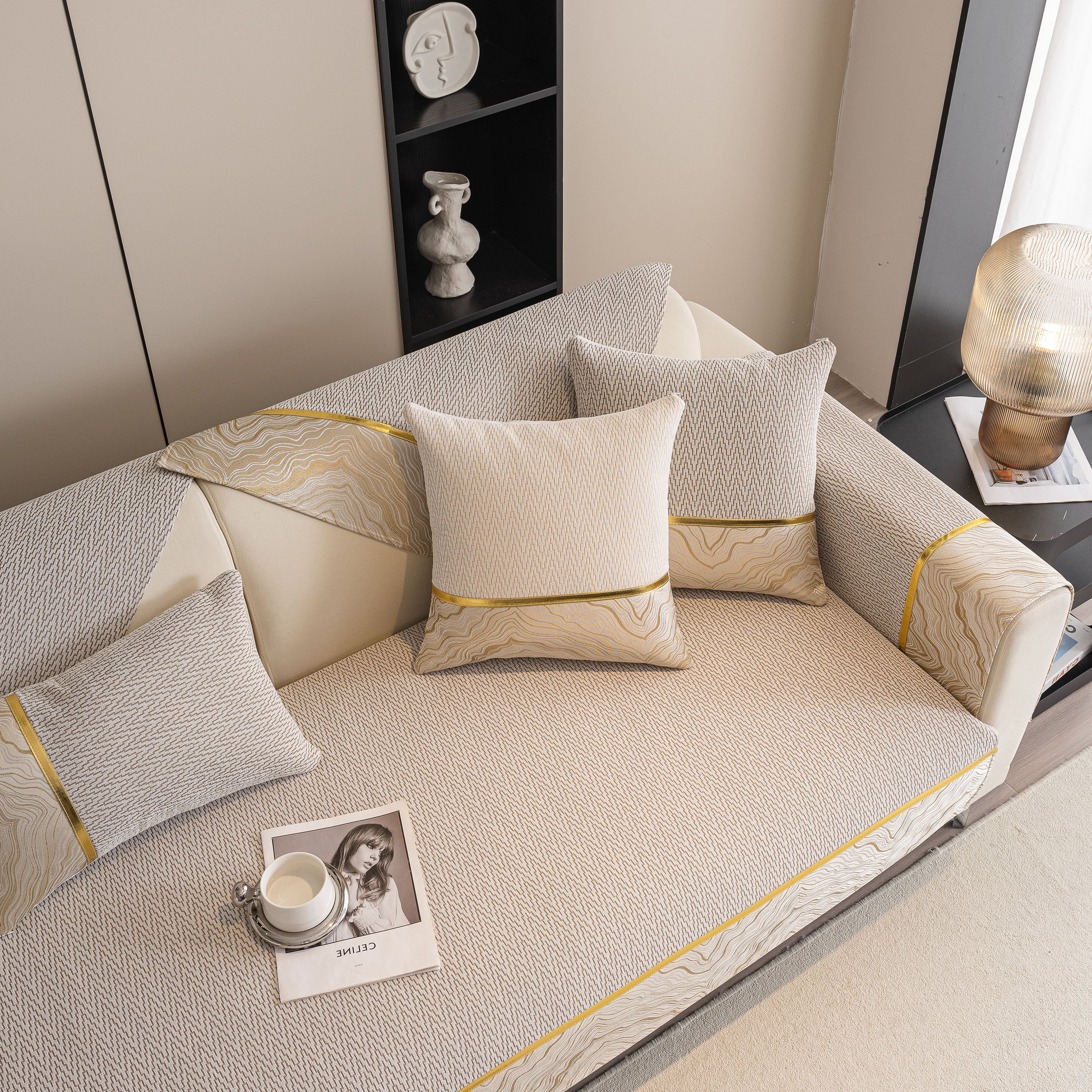 Non-Slip Couch Cover with Gold Trim, Sofa Slipcover for Sectional & Loveseat
