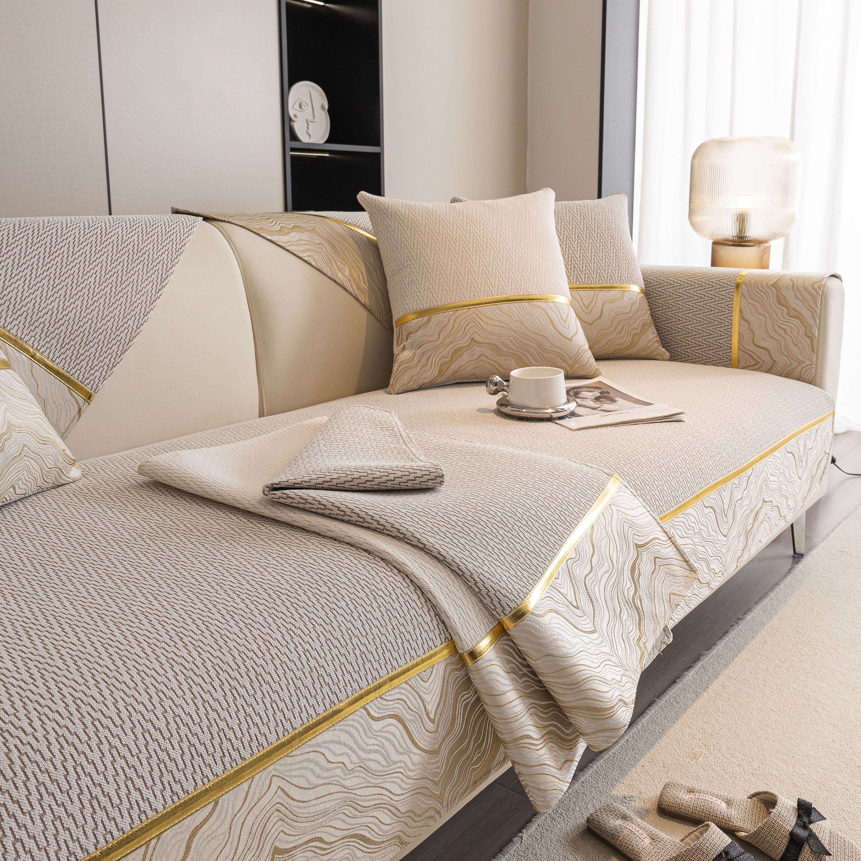 Non-Slip Couch Cover with Gold Trim, Sofa Slipcover for Sectional & Loveseat
