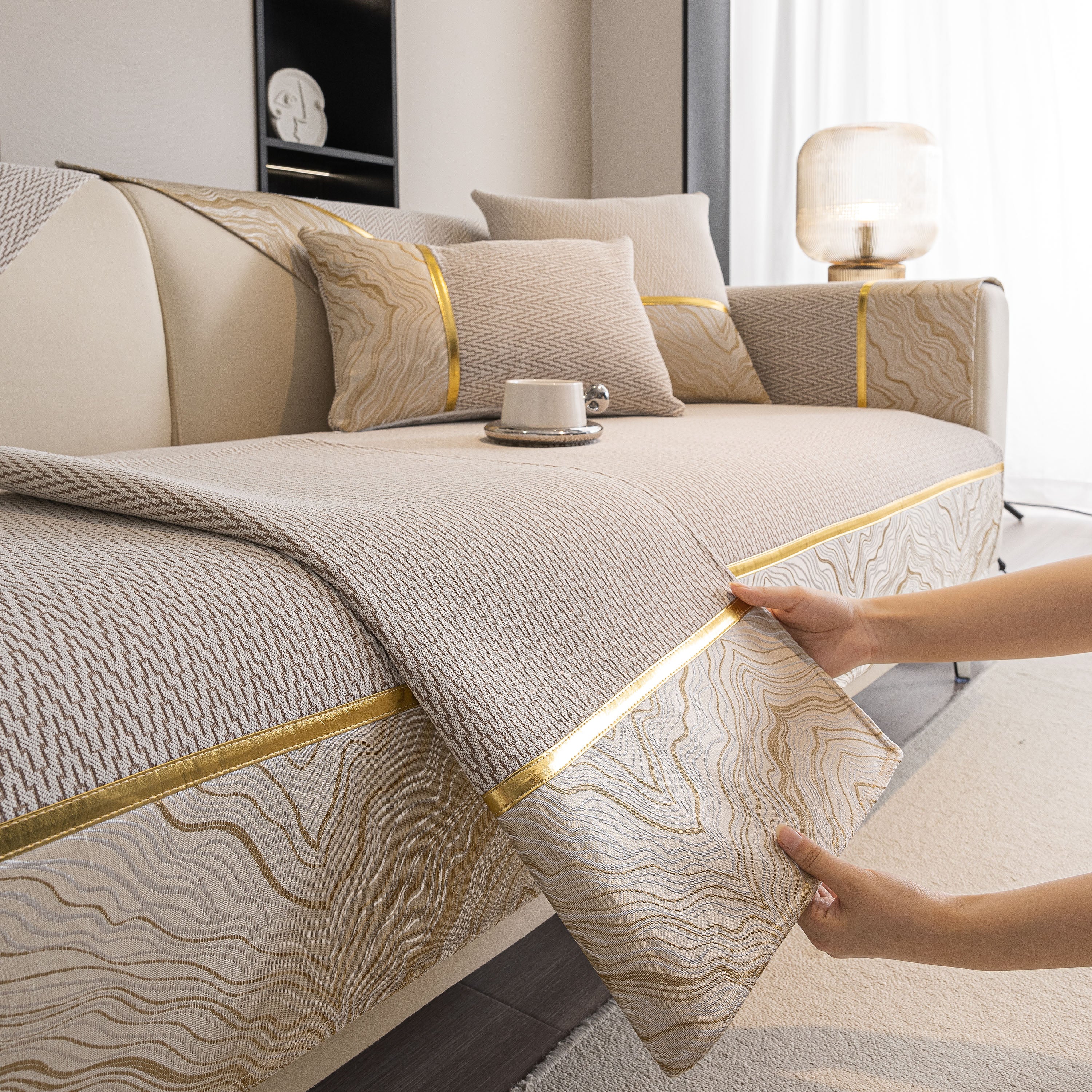 Non-Slip Couch Cover with Gold Trim, Sofa Slipcover for Sectional & Loveseat