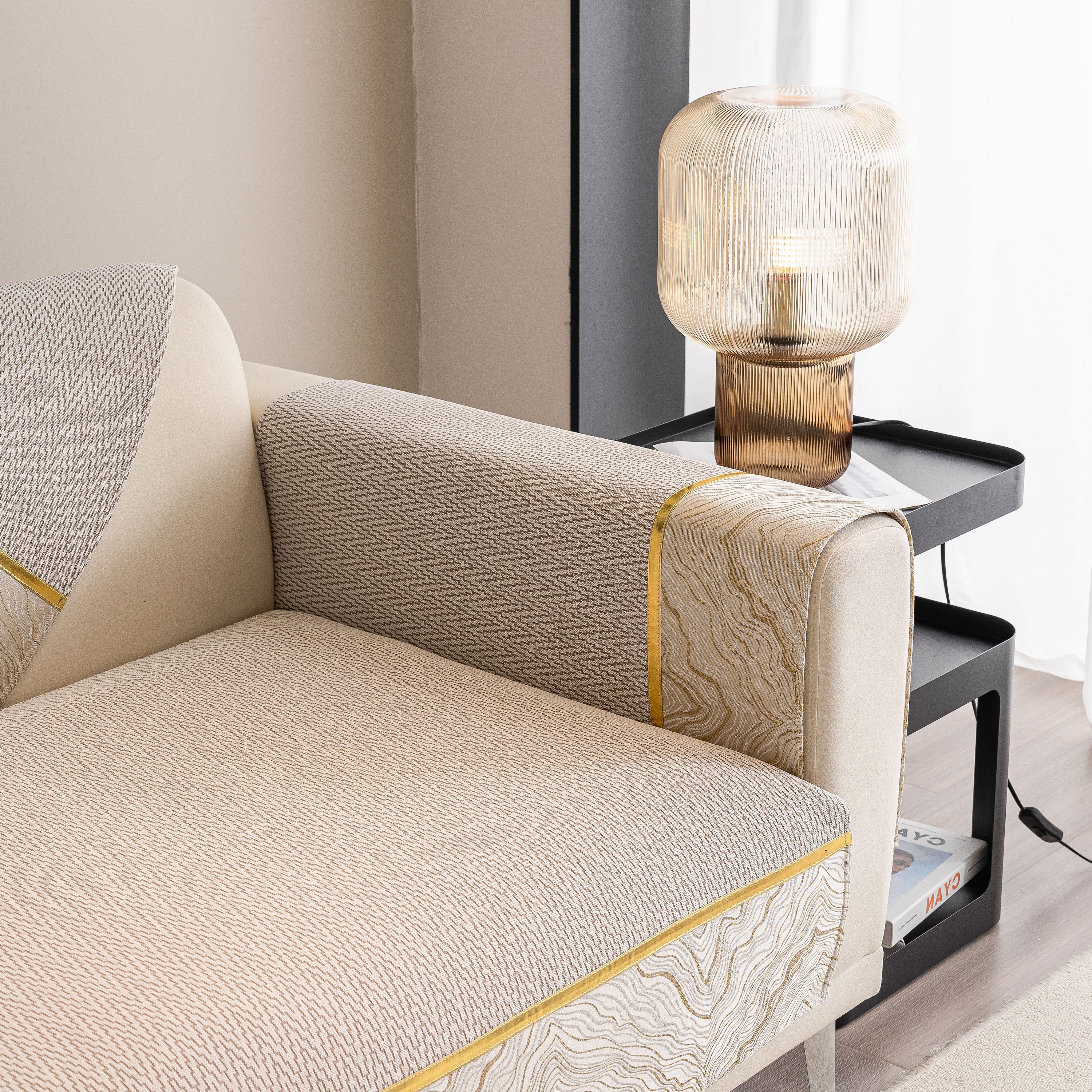 Non-Slip Couch Cover with Gold Trim, Sofa Slipcover for Sectional & Loveseat