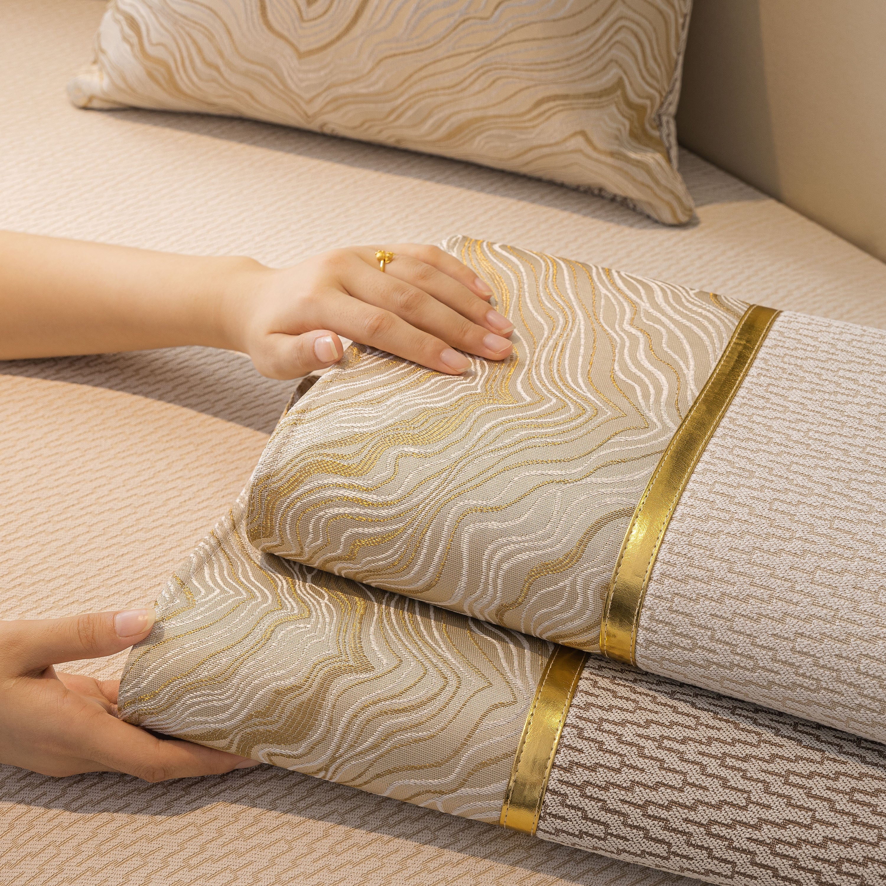 Non-Slip Couch Cover with Gold Trim, Sofa Slipcover for Sectional & Loveseat