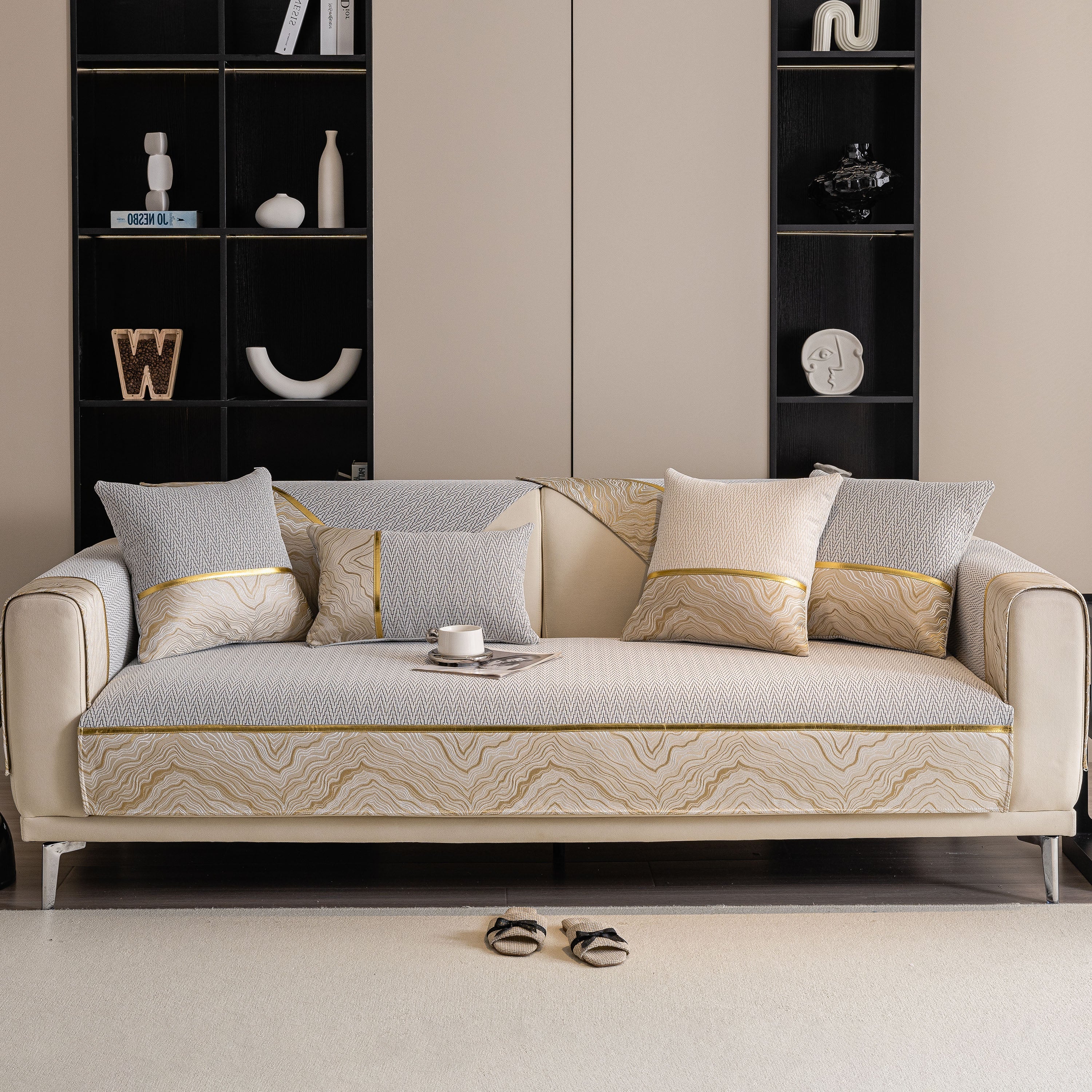 Non-Slip Couch Cover with Gold Trim, Sofa Slipcover for Sectional & Loveseat