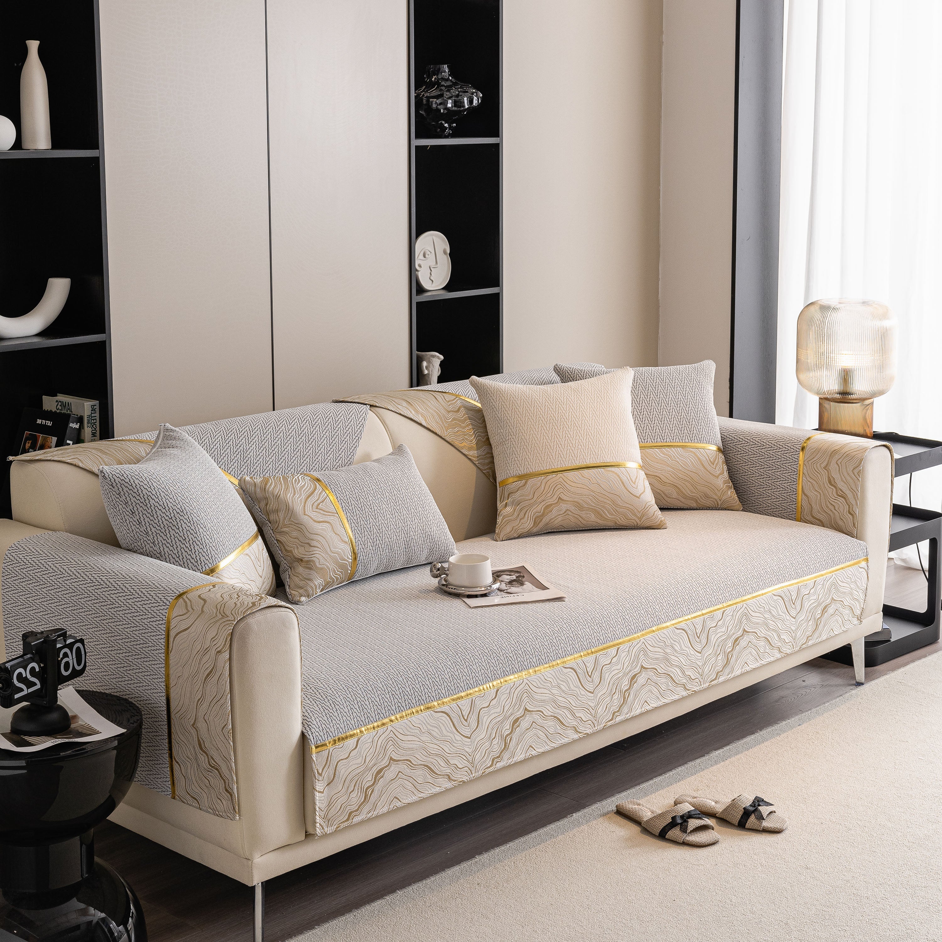 Non-Slip Couch Cover with Gold Trim, Sofa Slipcover for Sectional & Loveseat