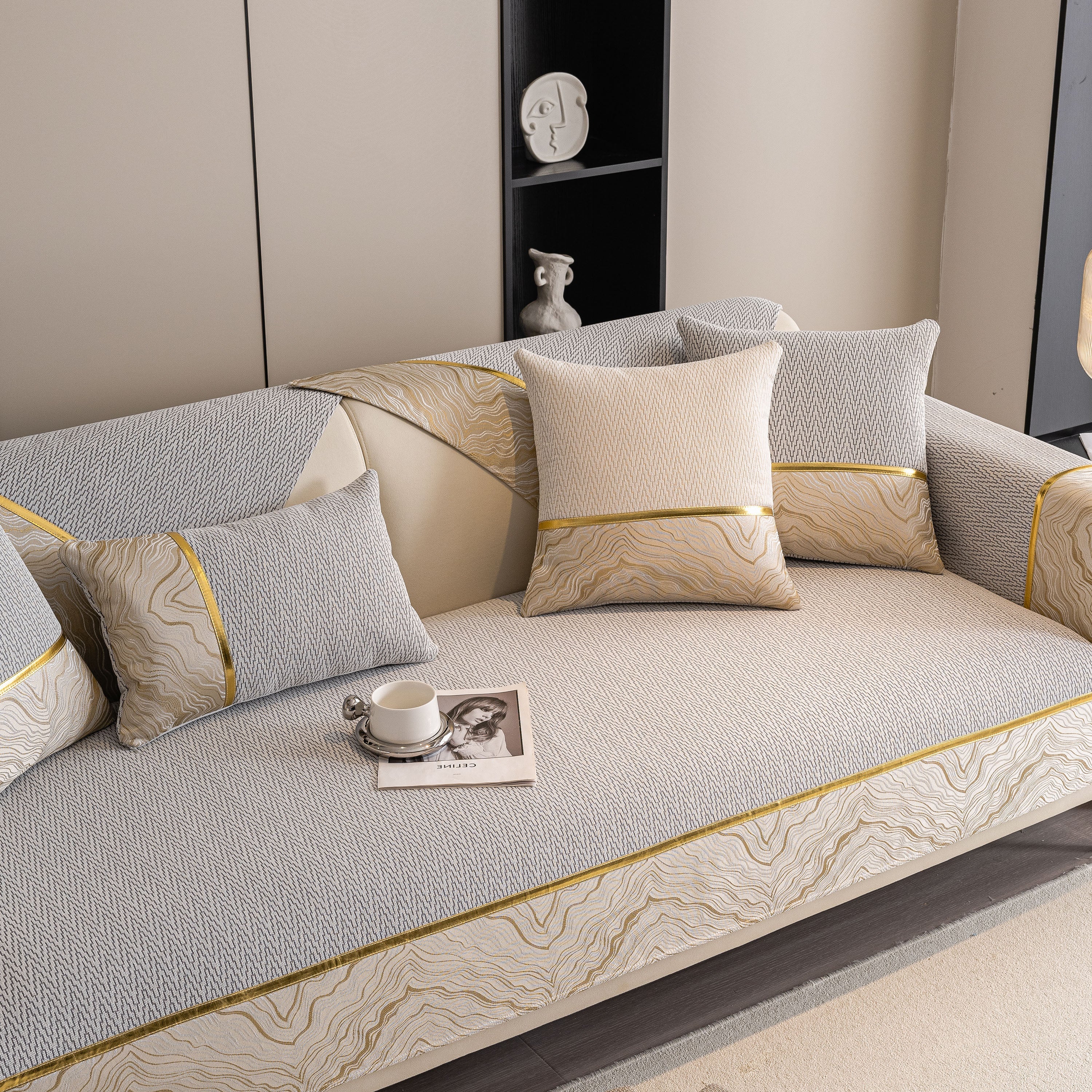 Non-Slip Couch Cover with Gold Trim, Sofa Slipcover for Sectional & Loveseat