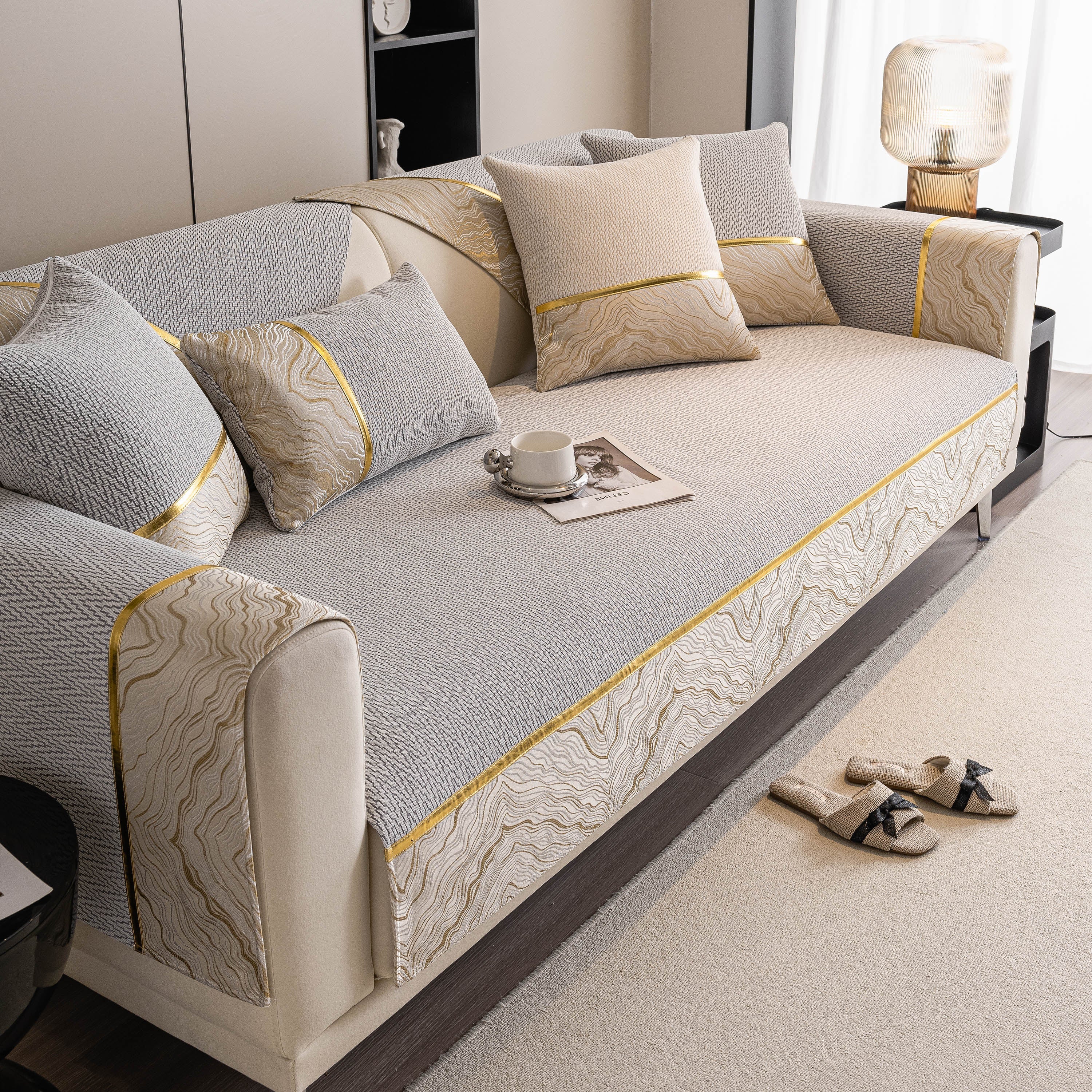 Non-Slip Couch Cover with Gold Trim, Sofa Slipcover for Sectional & Loveseat