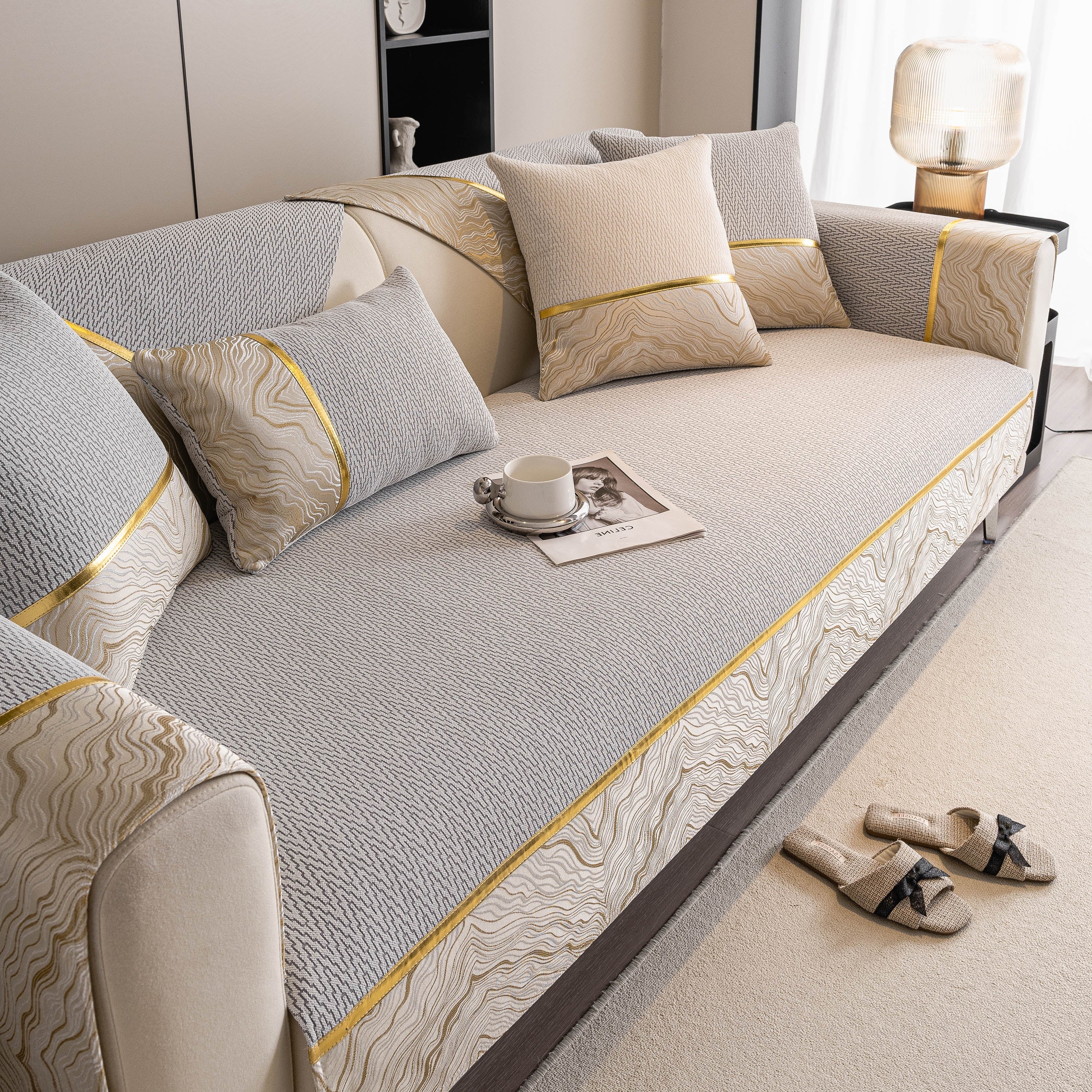 Non-Slip Couch Cover with Gold Trim, Sofa Slipcover for Sectional & Loveseat