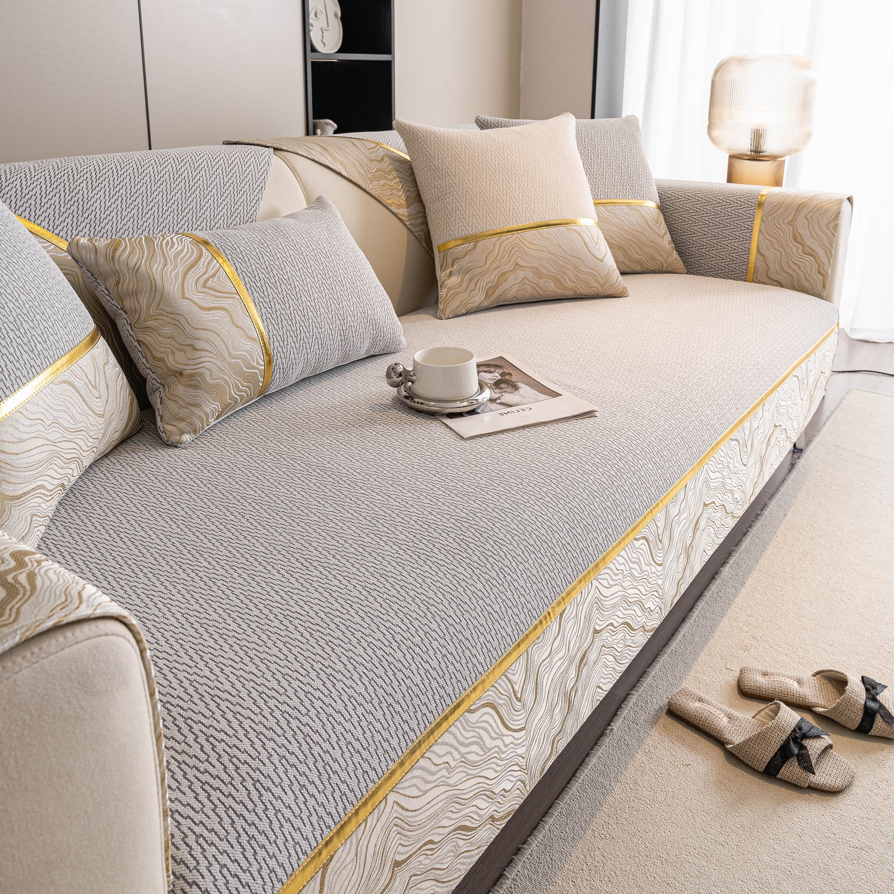 Non-Slip Couch Cover with Gold Trim, Sofa Slipcover for Sectional & Loveseat