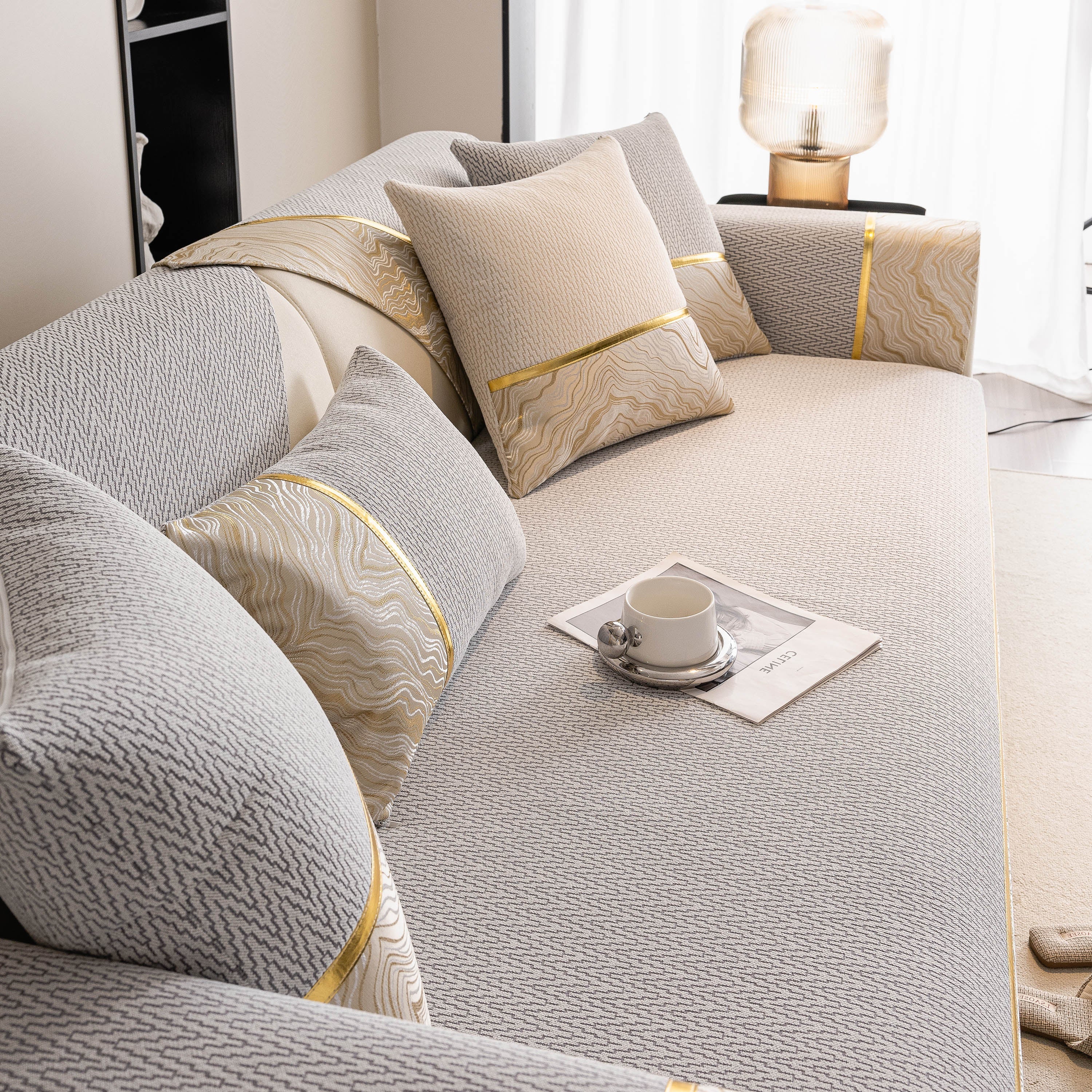 Non-Slip Couch Cover with Gold Trim, Sofa Slipcover for Sectional & Loveseat