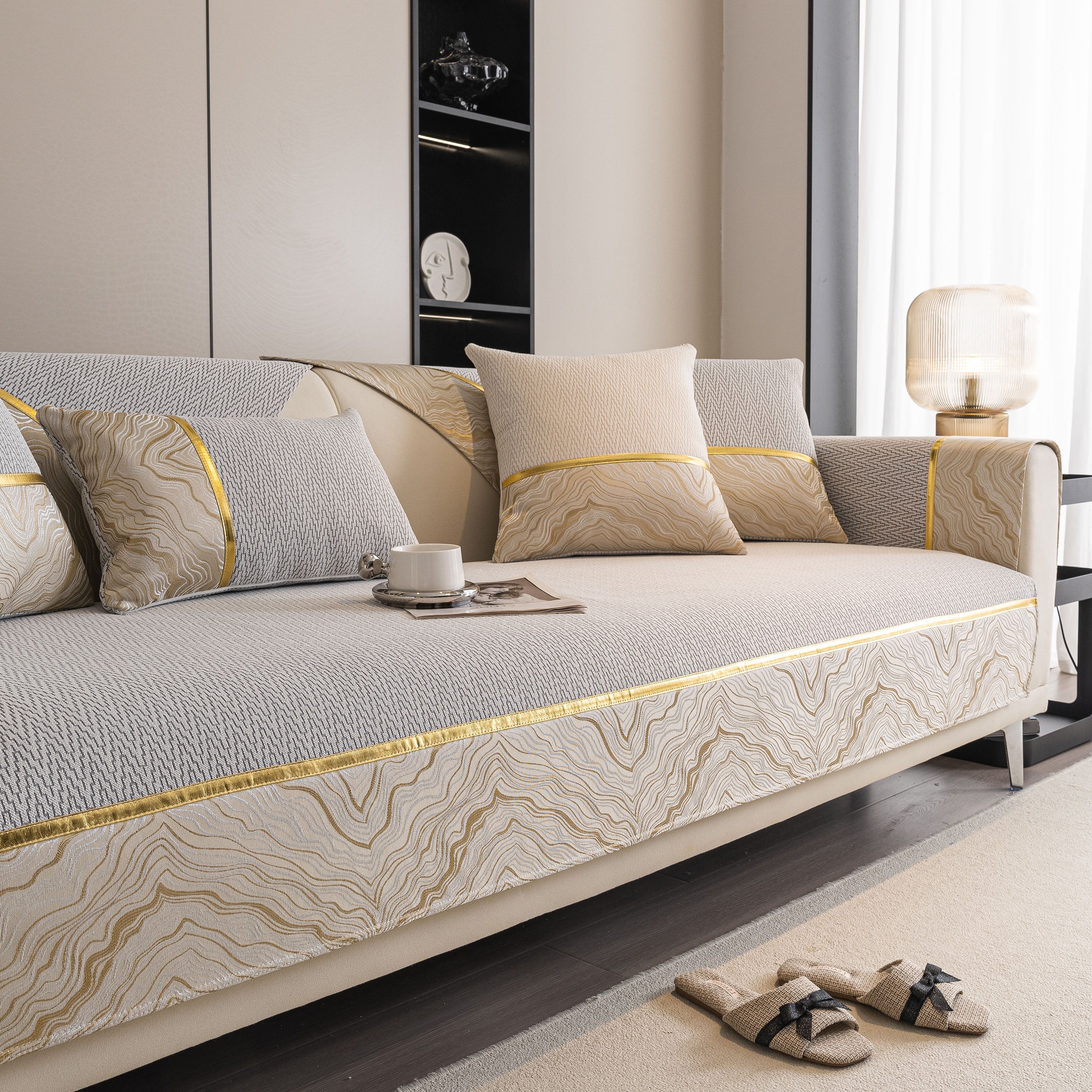 Non-Slip Couch Cover with Gold Trim, Sofa Slipcover for Sectional & Loveseat