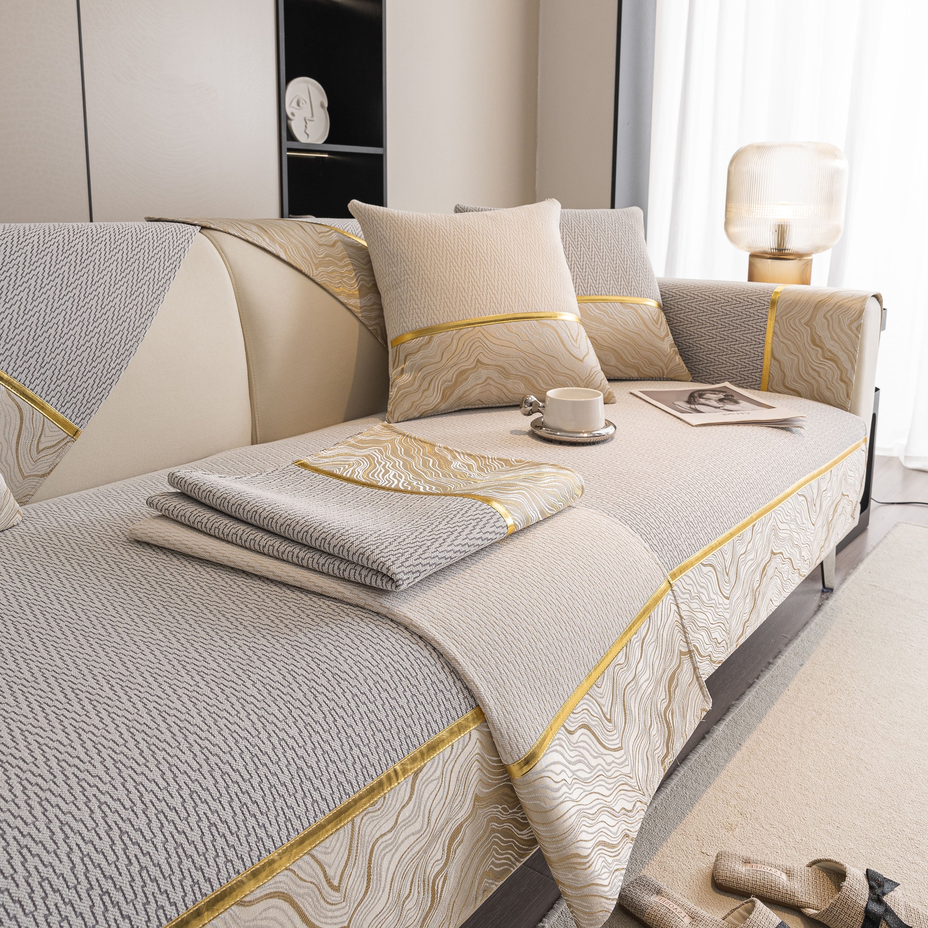Non-Slip Couch Cover with Gold Trim, Sofa Slipcover for Sectional & Loveseat