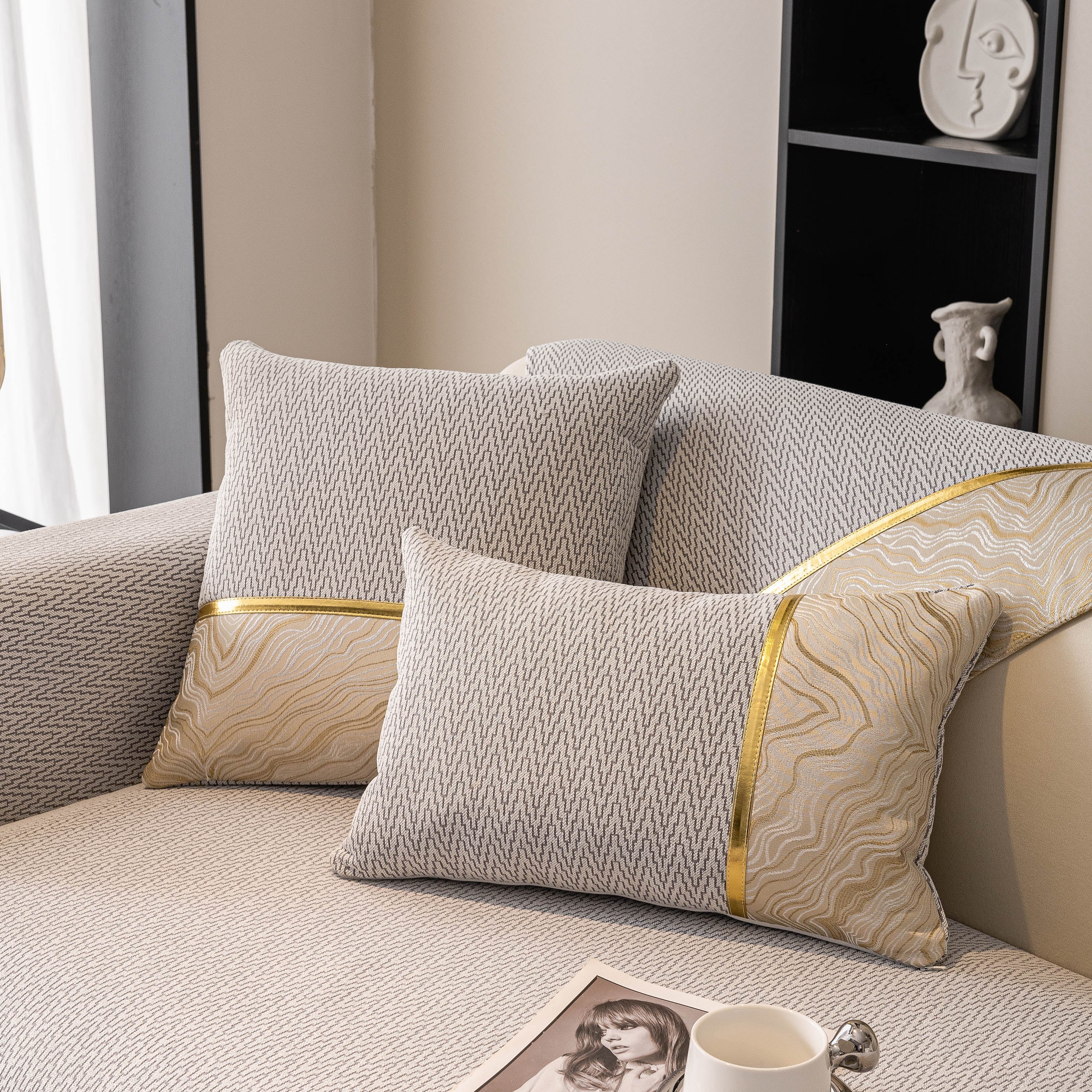 Non-Slip Couch Cover with Gold Trim, Sofa Slipcover for Sectional & Loveseat