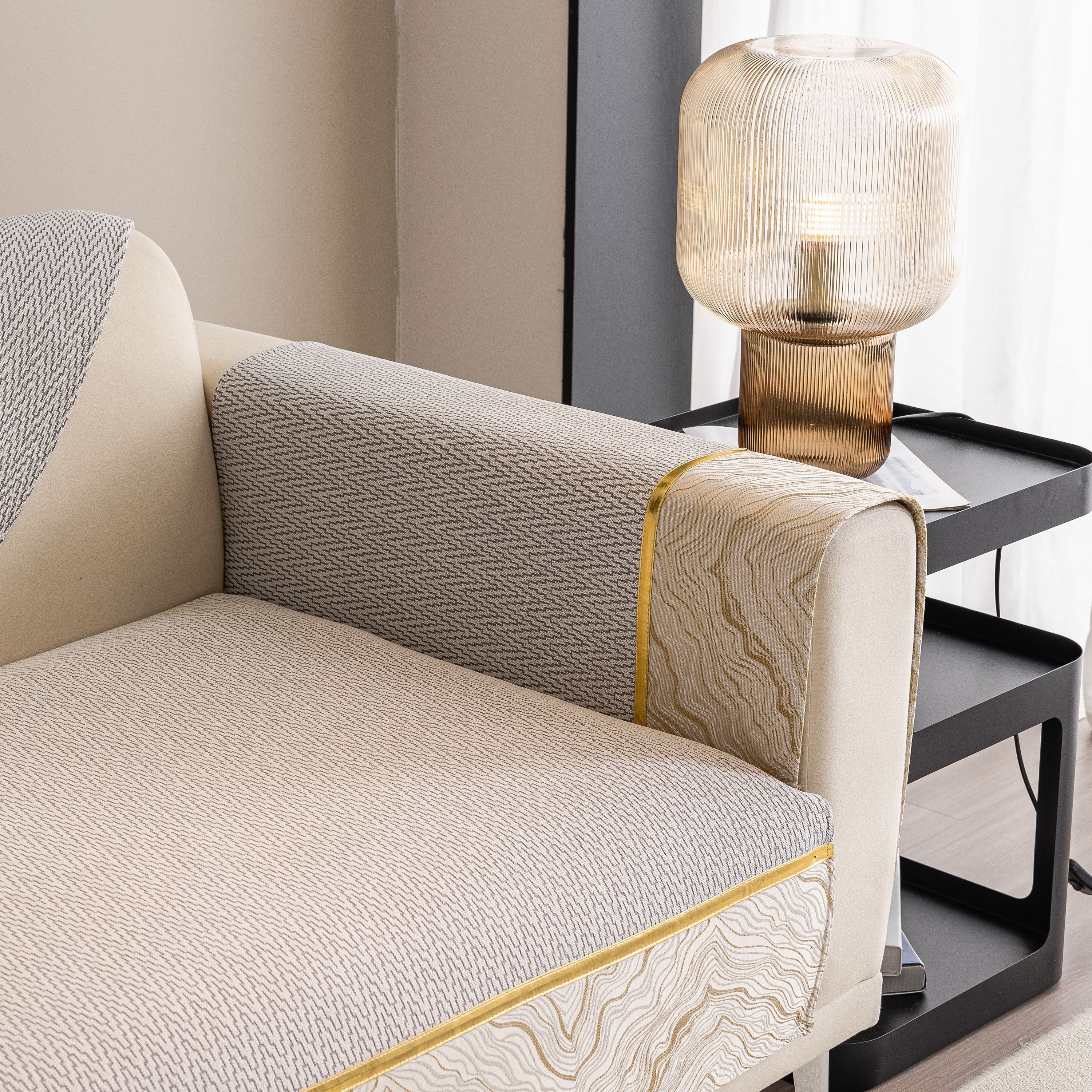 Non-Slip Couch Cover with Gold Trim, Sofa Slipcover for Sectional & Loveseat