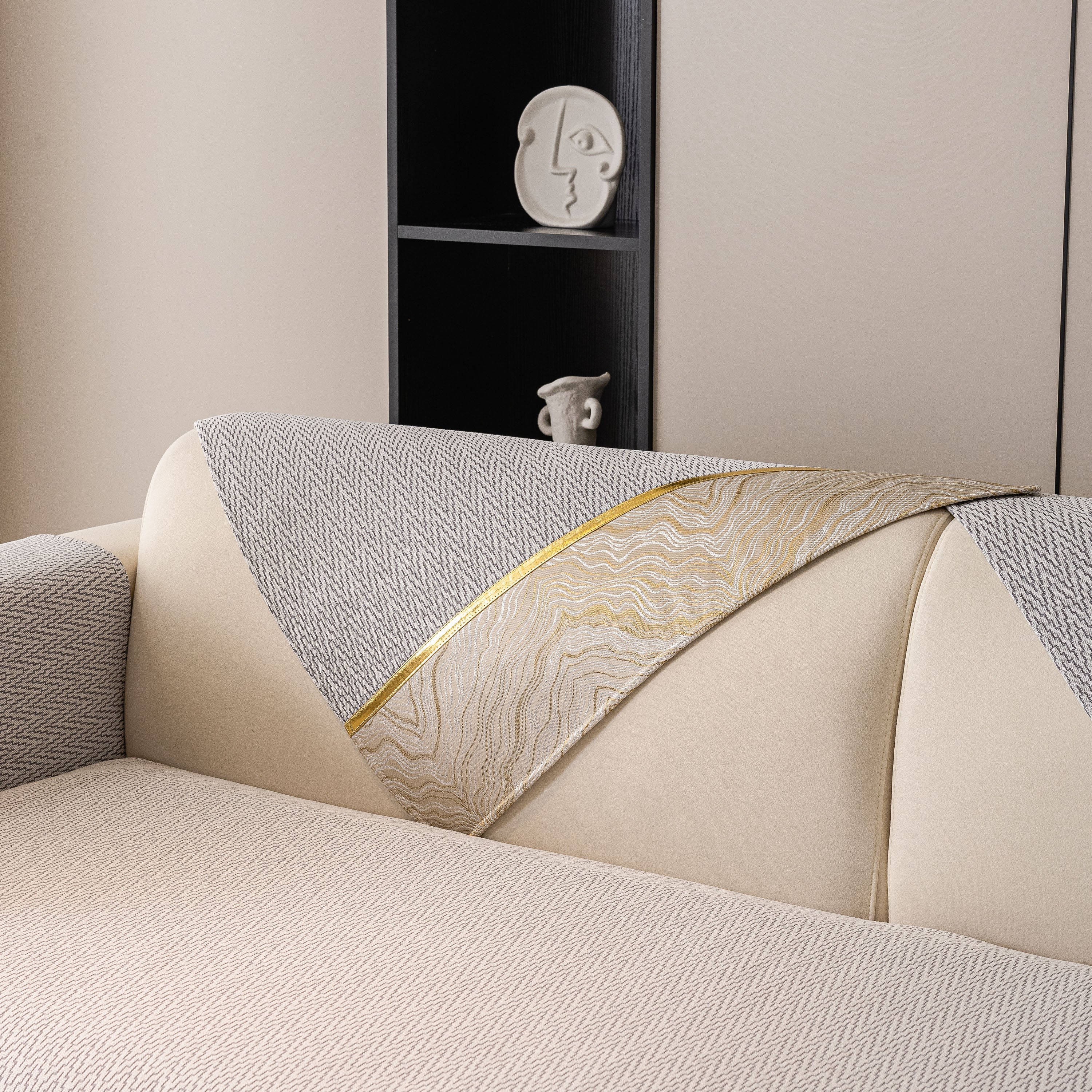 Non-Slip Couch Cover with Gold Trim, Sofa Slipcover for Sectional & Loveseat