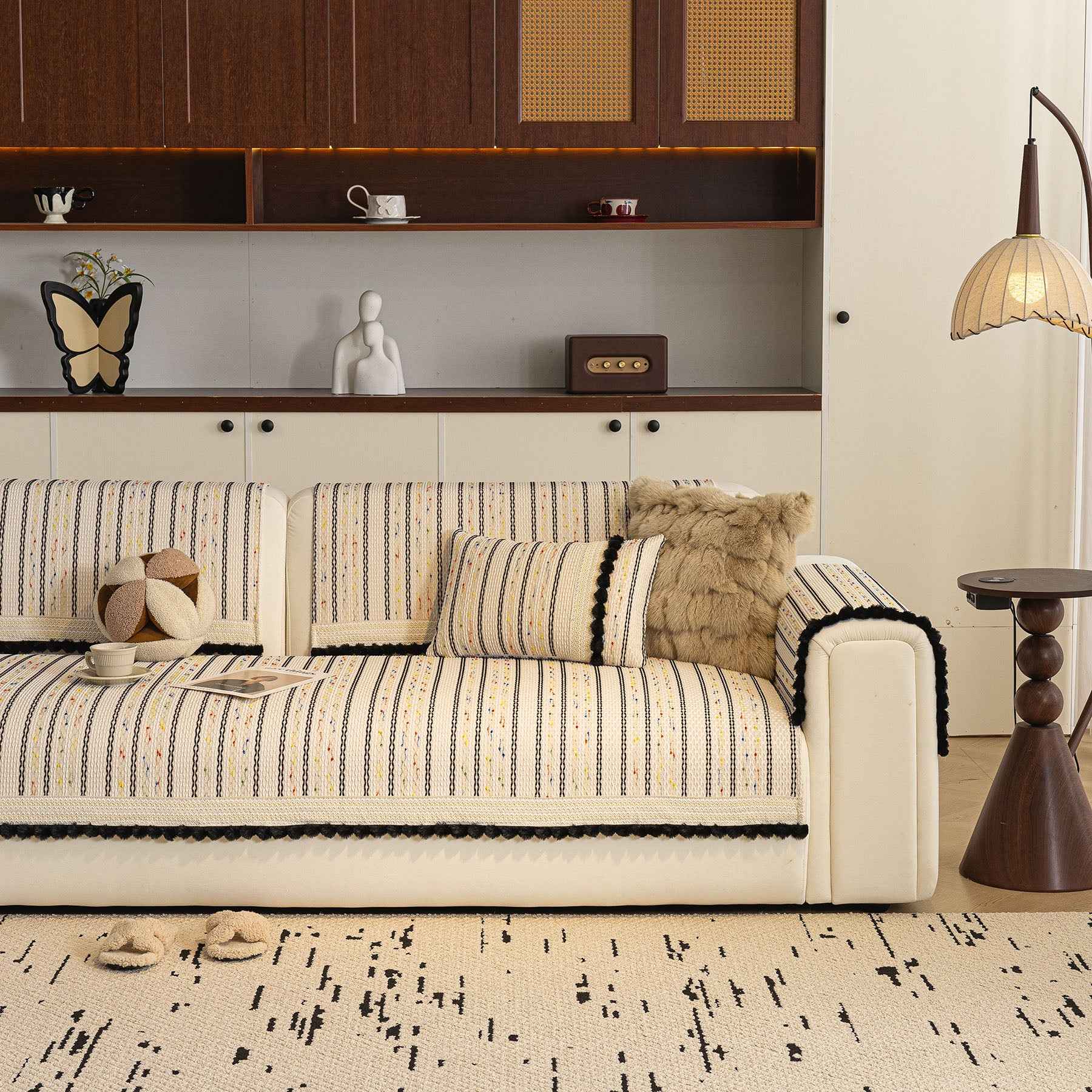 Textured Striped Sofa Cover with Plush Trim, Non-Slip Couch Protector Sectional Covers