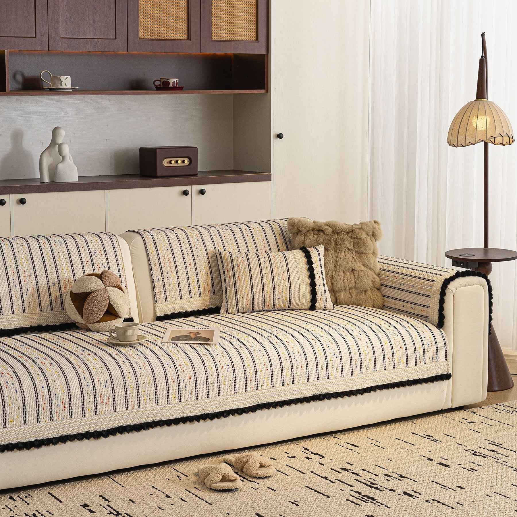 Textured Striped Sofa Cover with Plush Trim, Non-Slip Couch Protector Sectional Covers