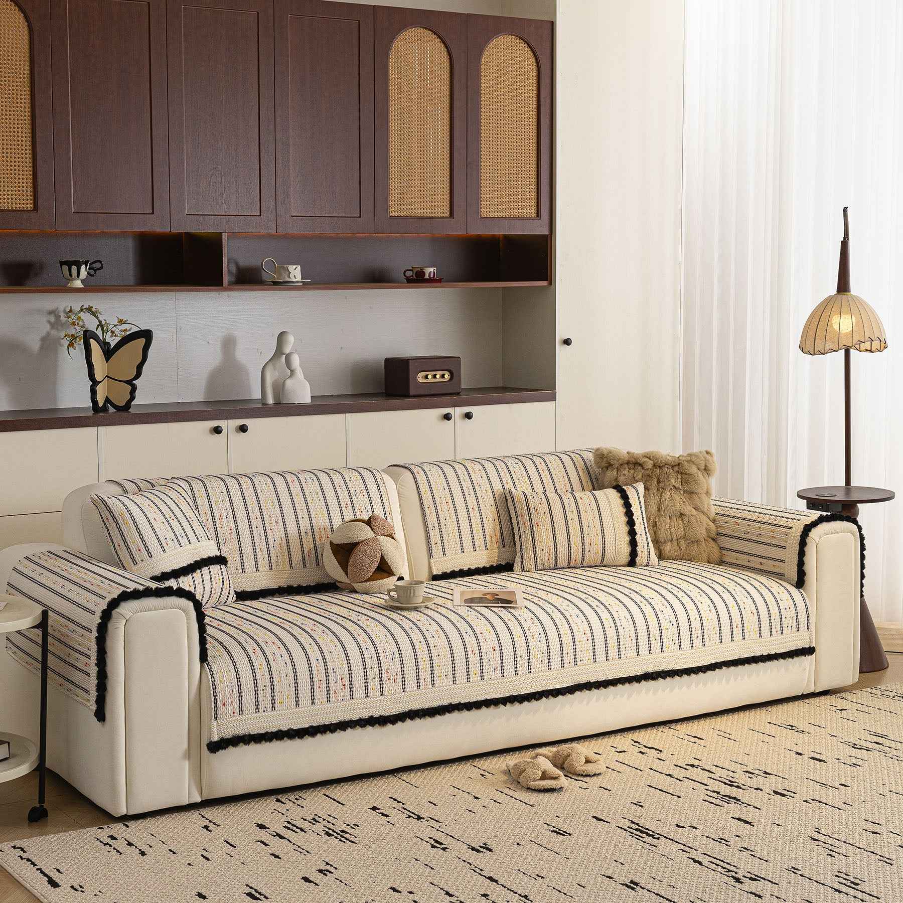 Textured Striped Sofa Cover with Plush Trim, Non-Slip Couch Protector Sectional Covers
