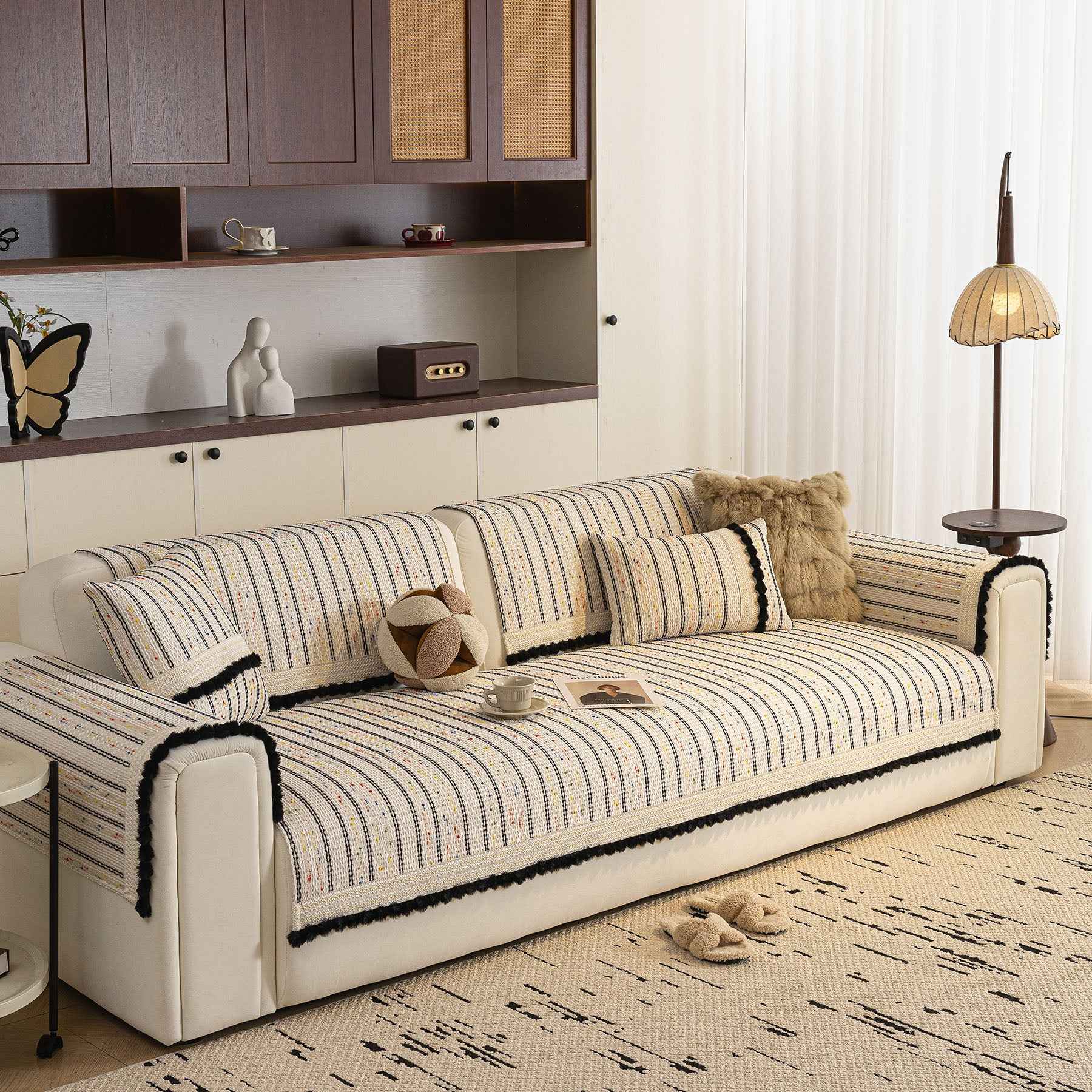 Textured Striped Sofa Cover with Plush Trim, Non-Slip Couch Protector Sectional Covers