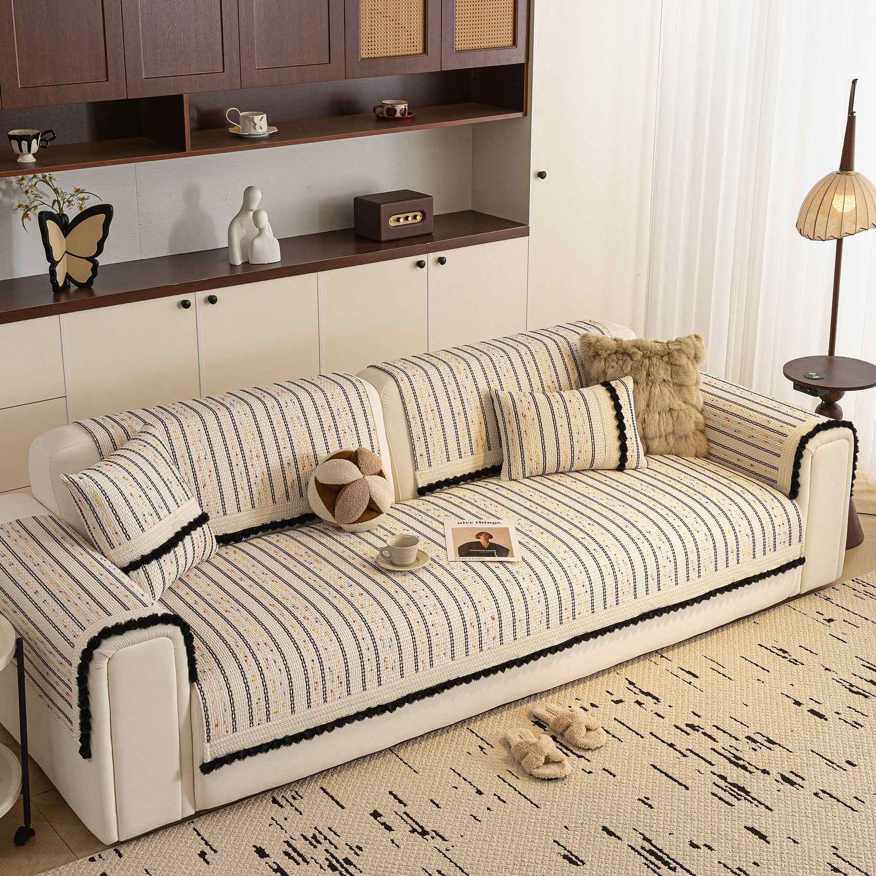 Textured Striped Sofa Cover with Plush Trim, Non-Slip Couch Protector Sectional Covers