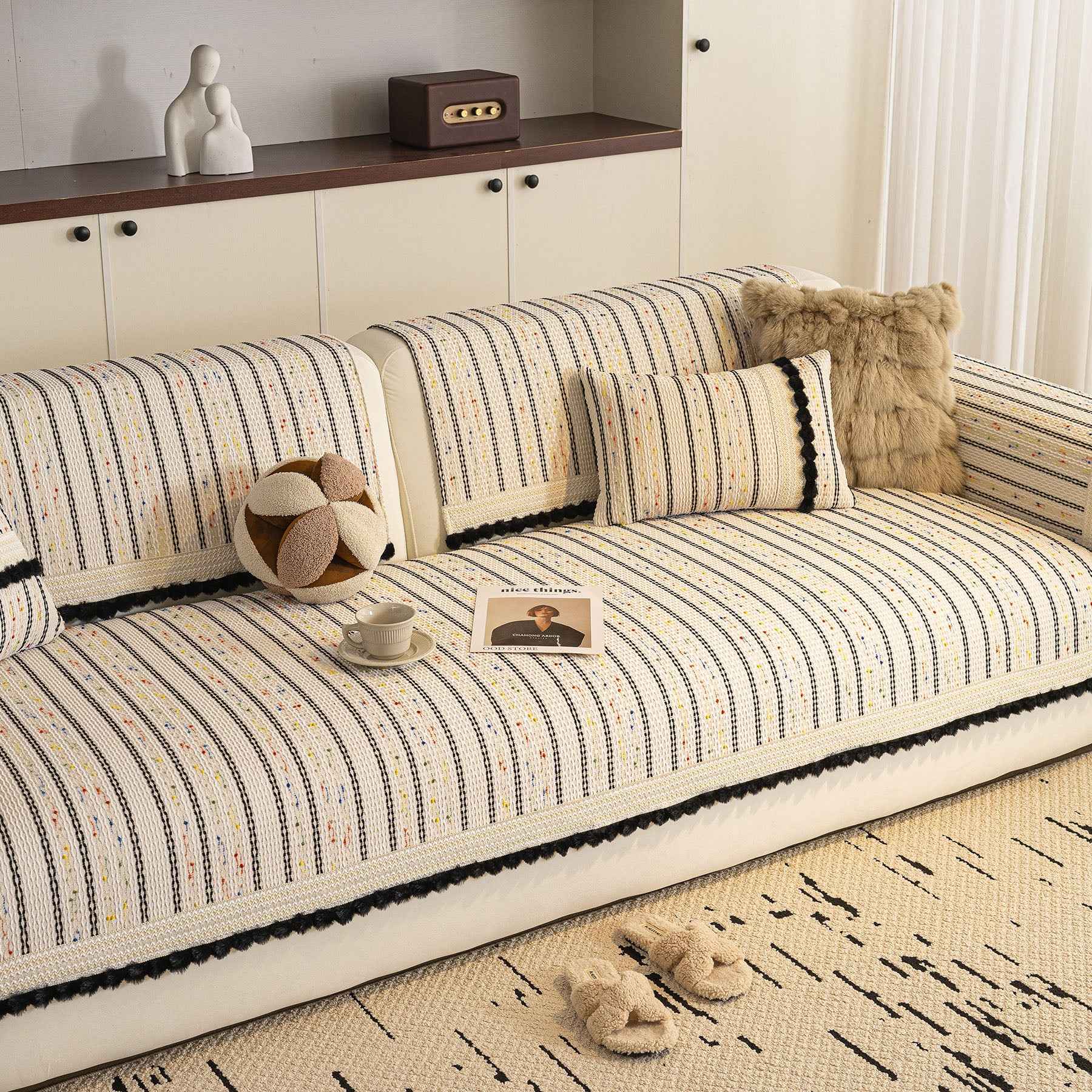 Textured Striped Sofa Cover with Plush Trim, Non-Slip Couch Protector Sectional Covers
