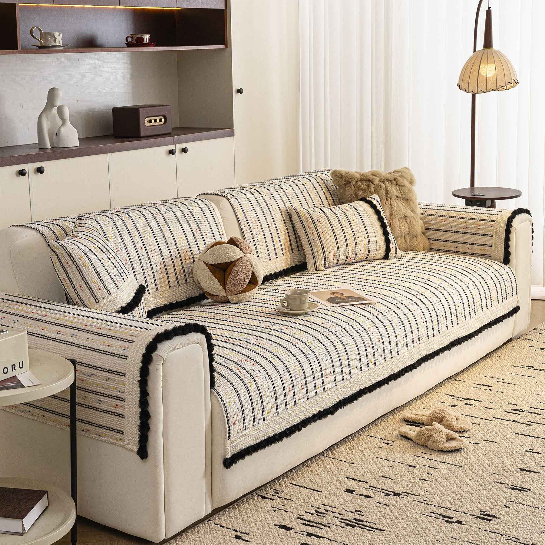 Textured Striped Sofa Cover with Plush Trim, Non-Slip Couch Protector Sectional Covers