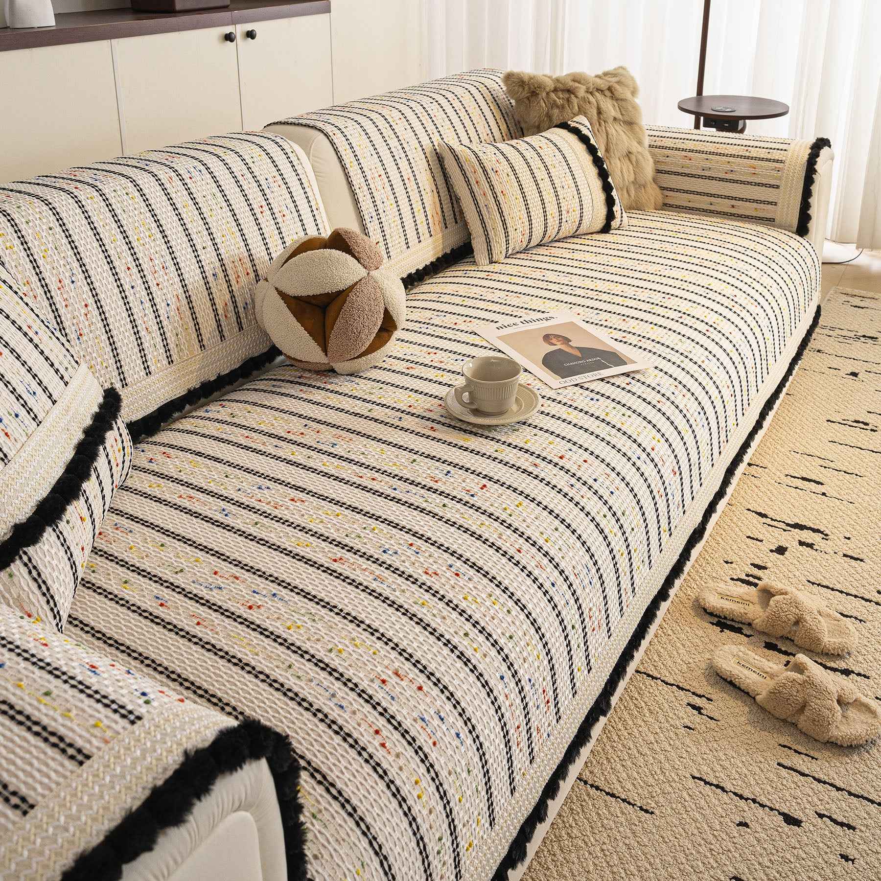 Textured Striped Sofa Cover with Plush Trim, Non-Slip Couch Protector Sectional Covers