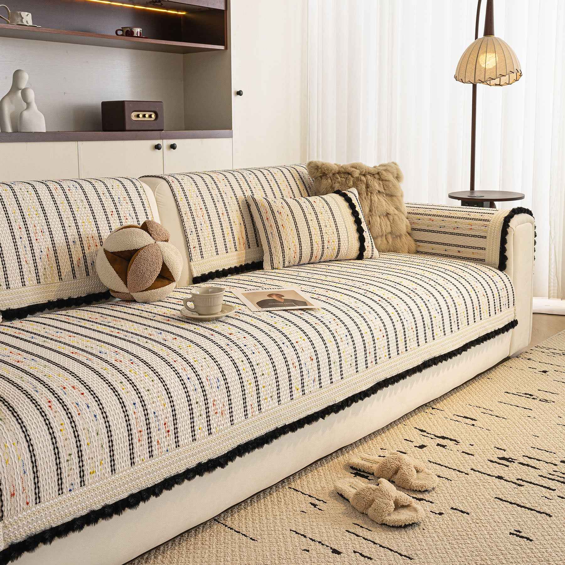 Textured Striped Sofa Cover with Plush Trim, Non-Slip Couch Protector Sectional Covers