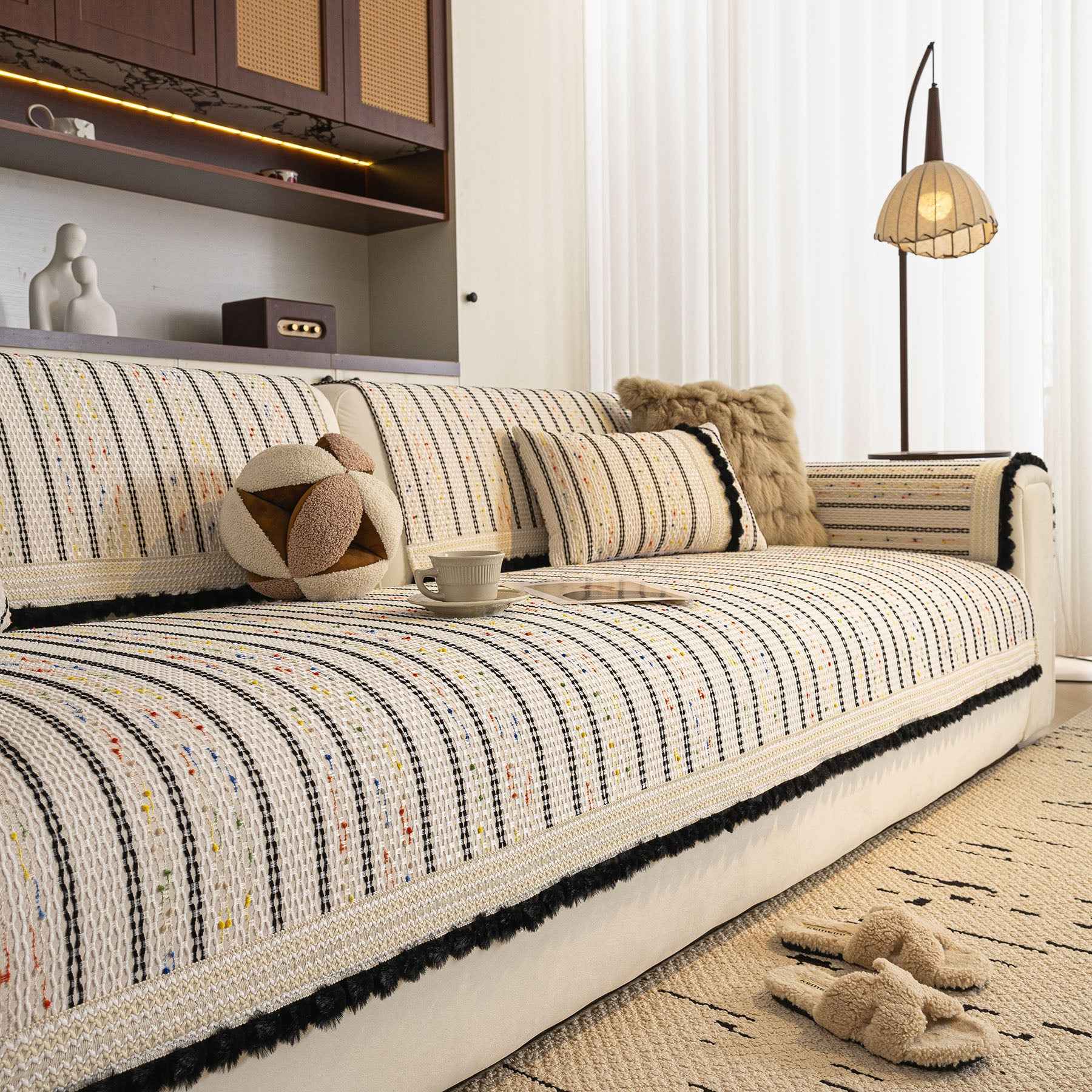 Textured Striped Sofa Cover with Plush Trim, Non-Slip Couch Protector Sectional Covers